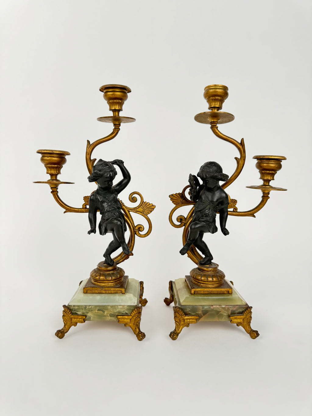 Pair Of 20th Century Gilt & Patinated Art Nouveau Candelabras Mounted On Onyx