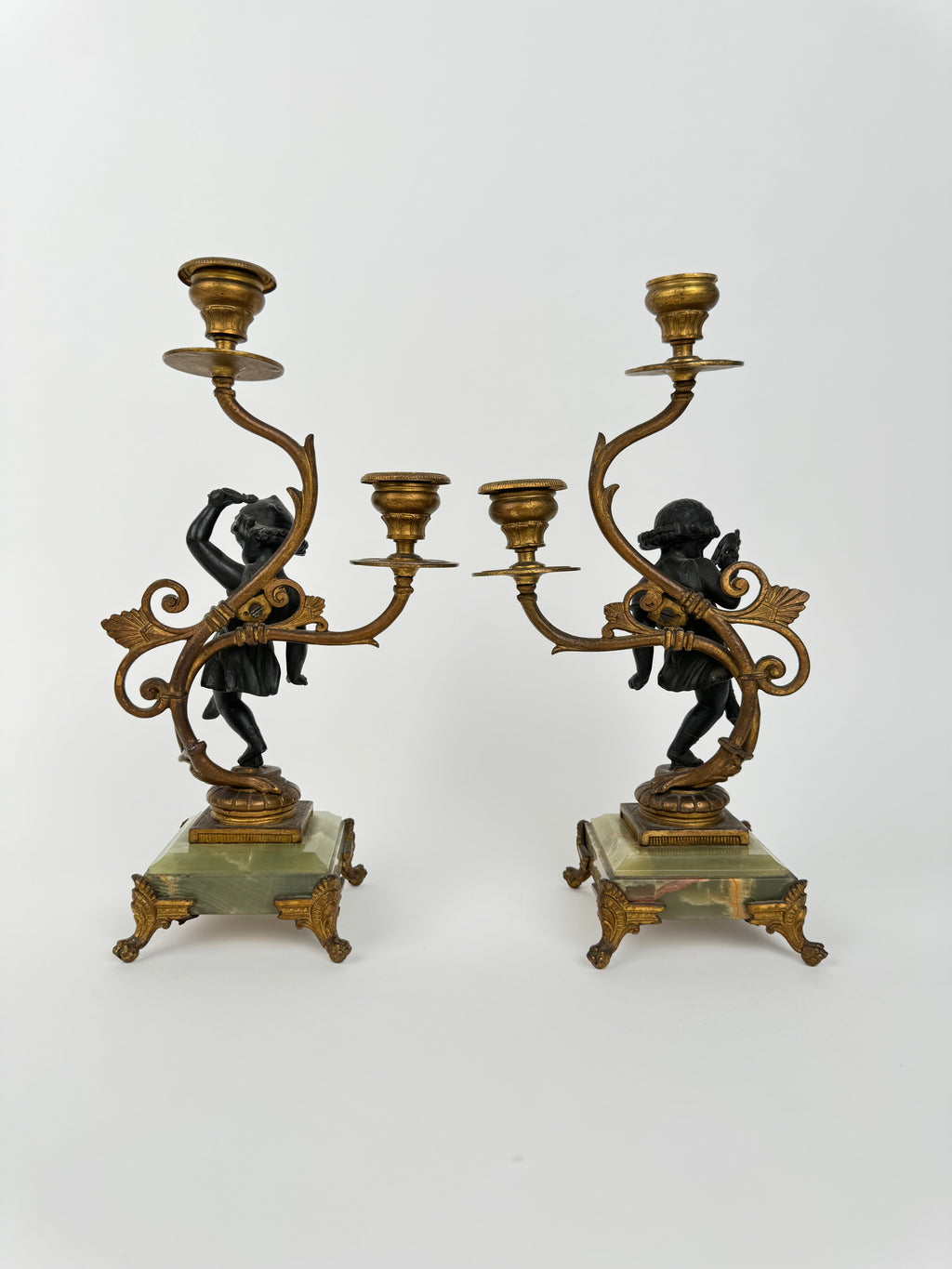 Pair Of 20th Century Gilt & Patinated Art Nouveau Candelabras Mounted On Onyx