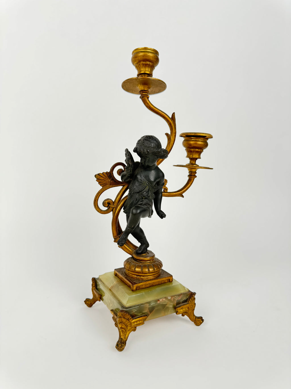 Pair Of 20th Century Gilt & Patinated Art Nouveau Candelabras Mounted On Onyx