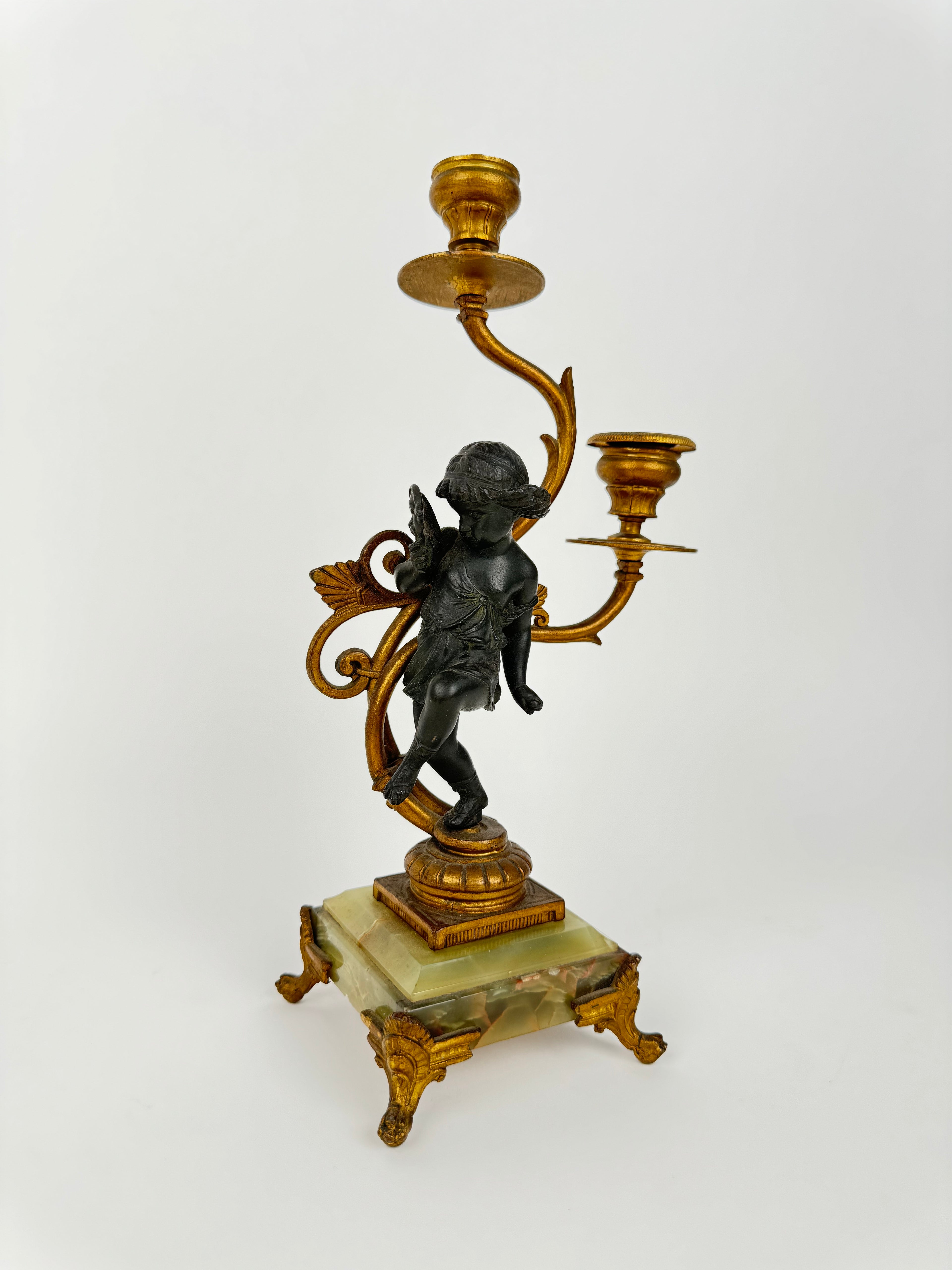 Pair Of 20th Century Gilt & Patinated Art Nouveau Candelabras Mounted On Onyx