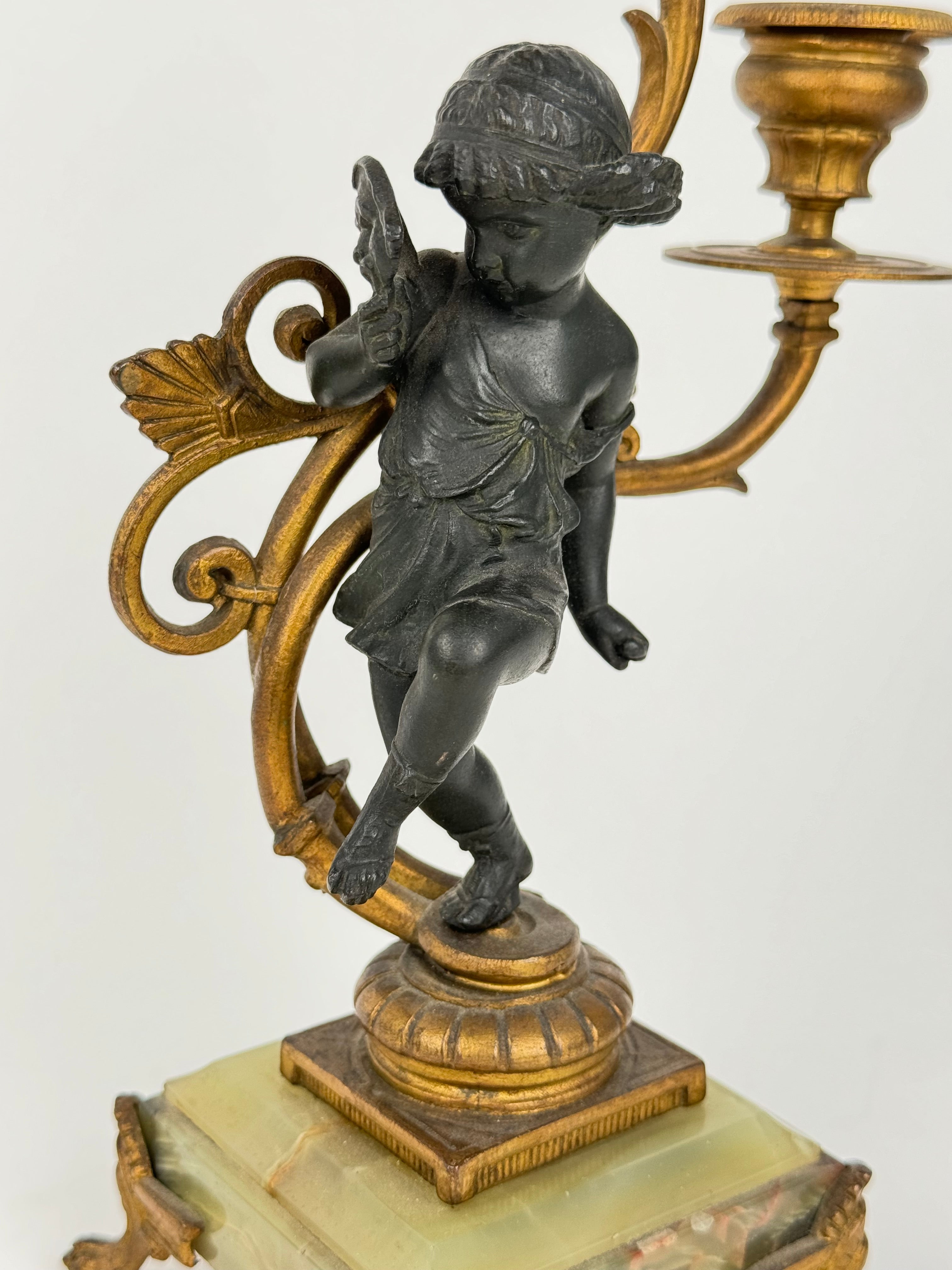 Pair Of 20th Century Gilt & Patinated Art Nouveau Candelabras Mounted On Onyx