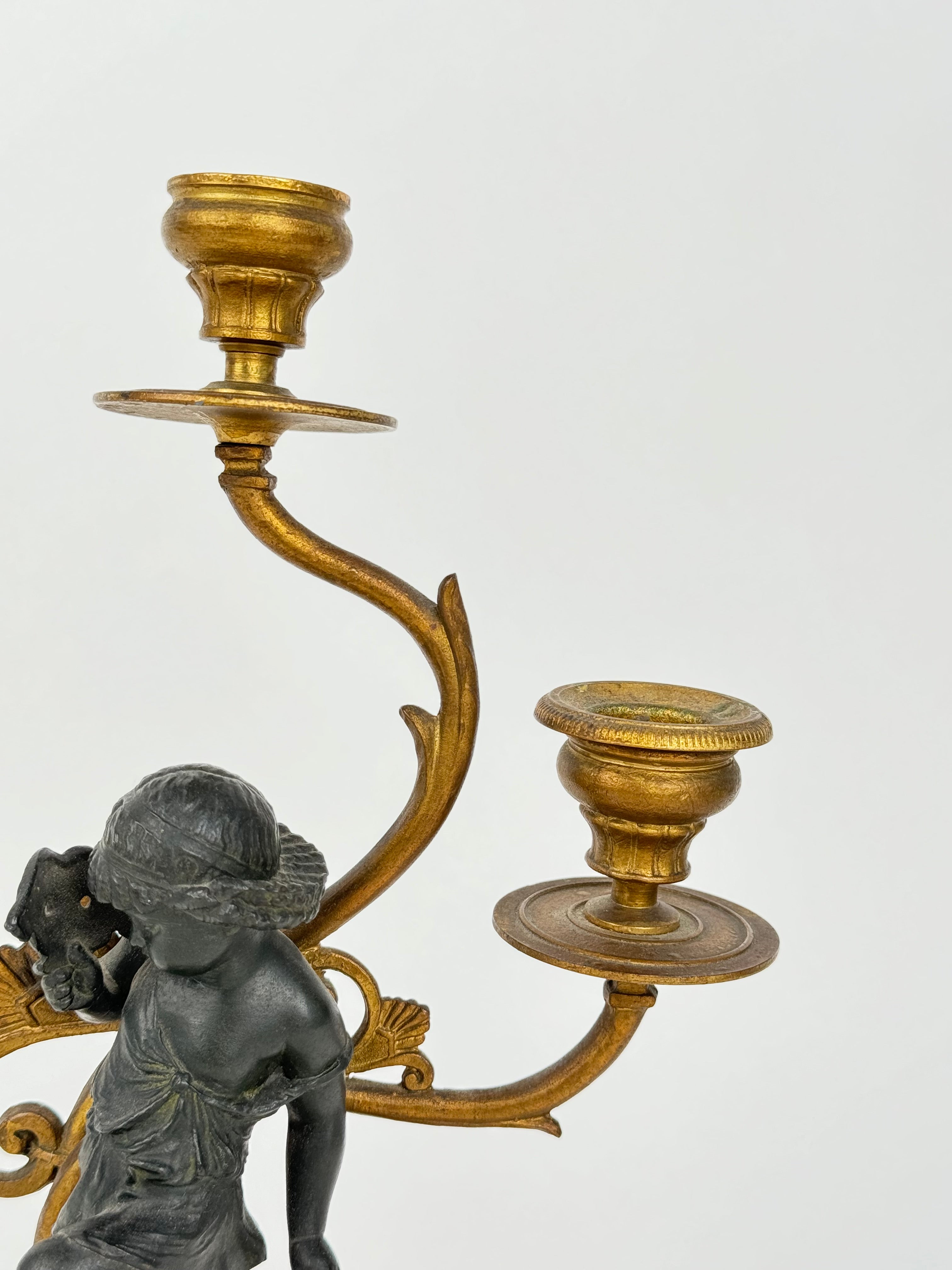 Pair Of 20th Century Gilt & Patinated Art Nouveau Candelabras Mounted On Onyx