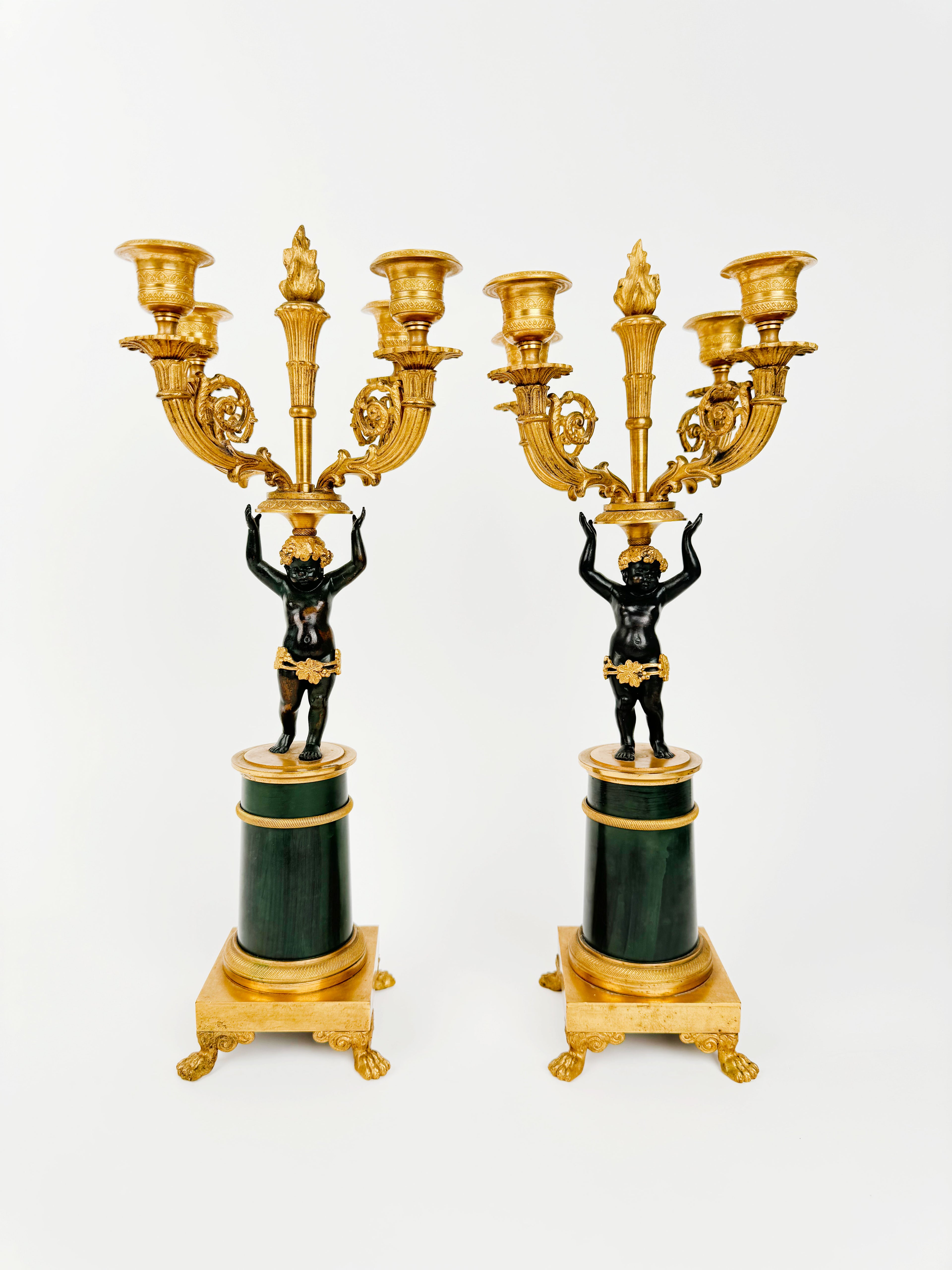19th Century Pair OF French Empire Patinated & Gilt Bronze Bronze Candelabras
