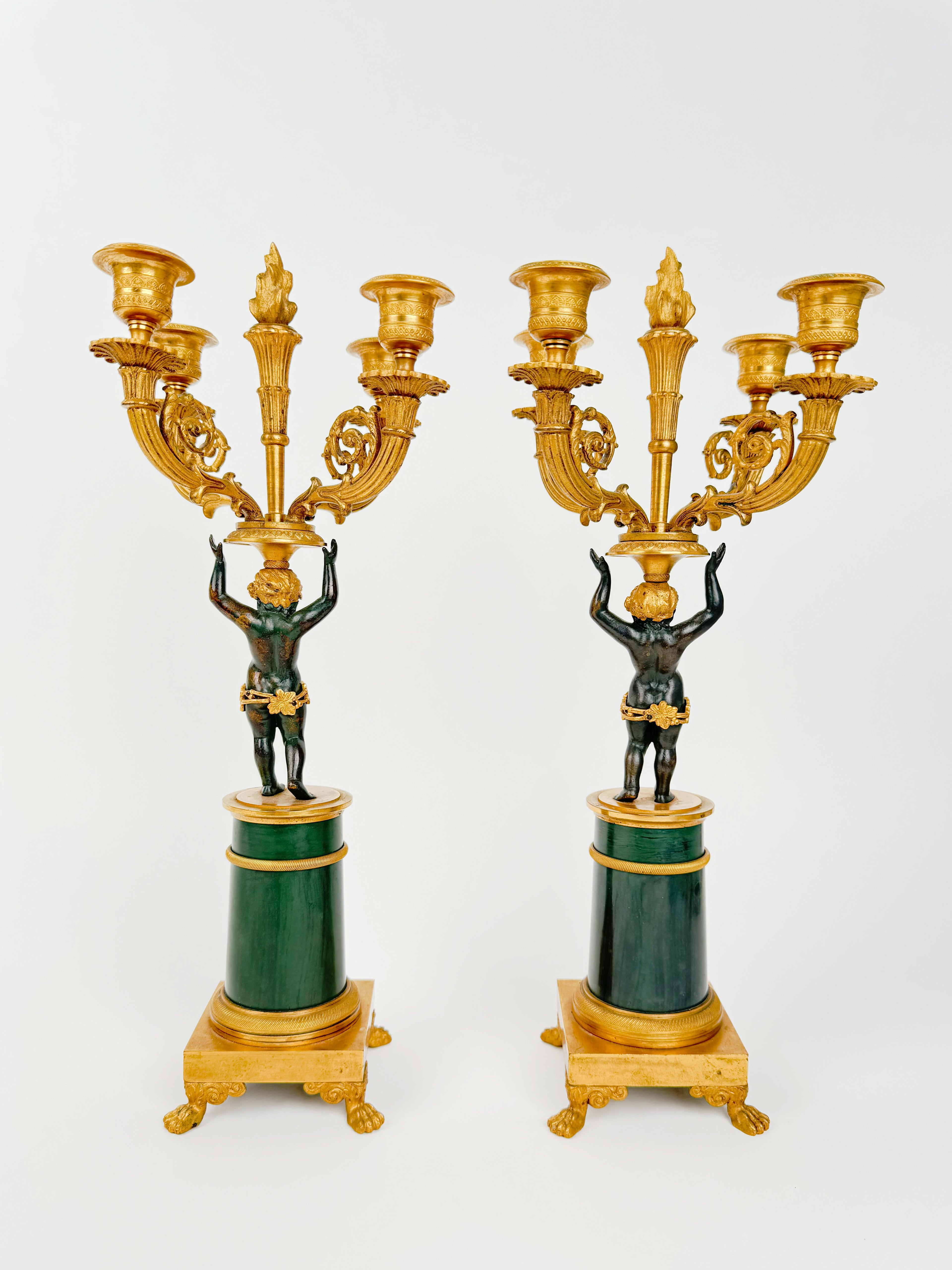 19th Century Pair OF French Empire Patinated & Gilt Bronze Bronze Candelabras
