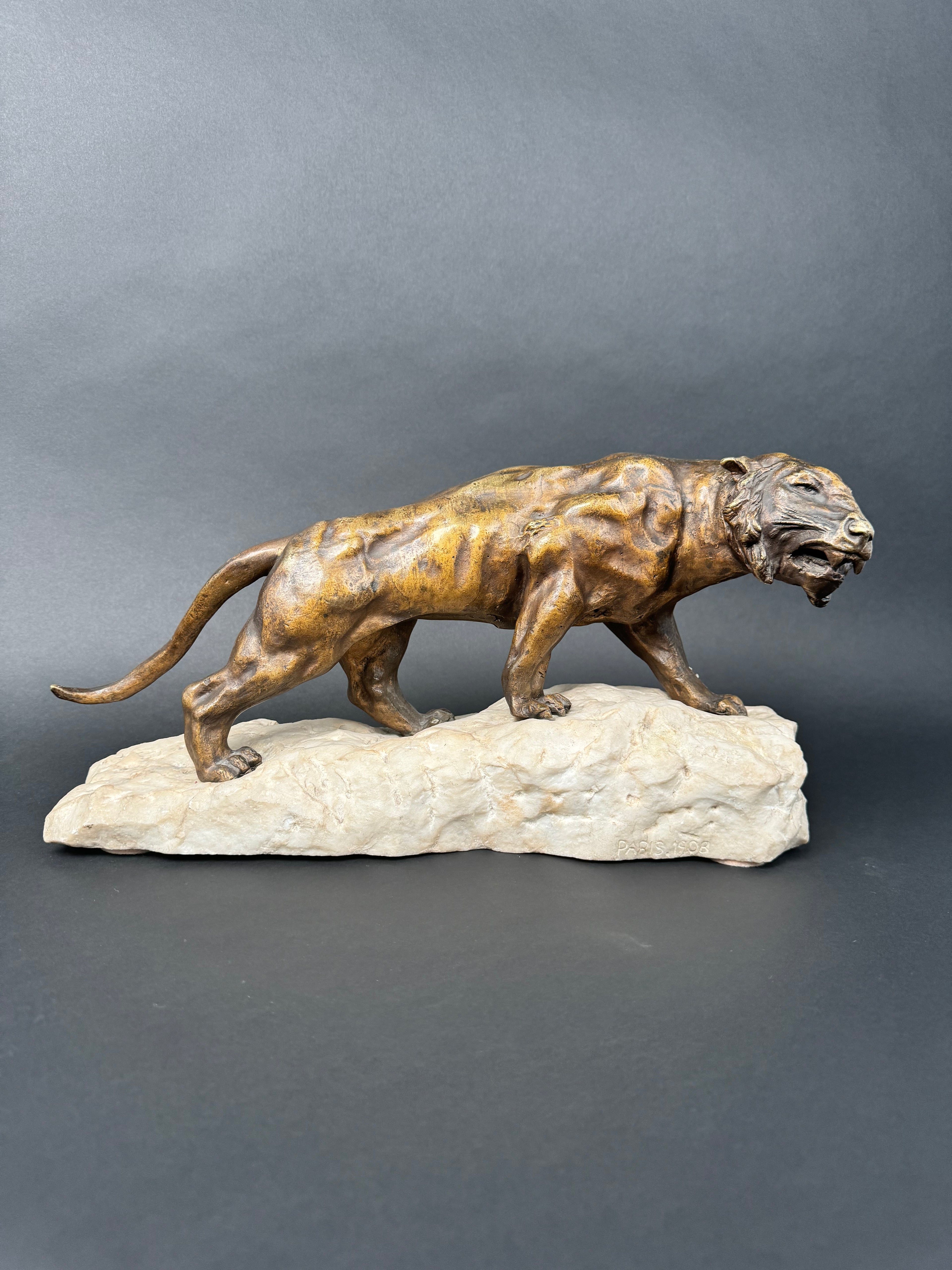Patinated Bronze Mounted On Marble Sculpture Figure Of A Lion