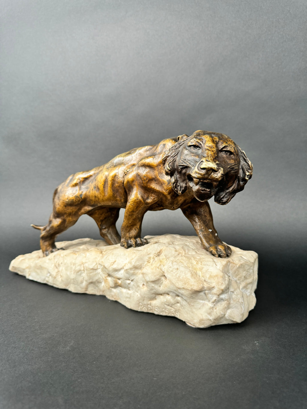 Patinated Bronze Mounted On Marble Sculpture Figure Of A Lion