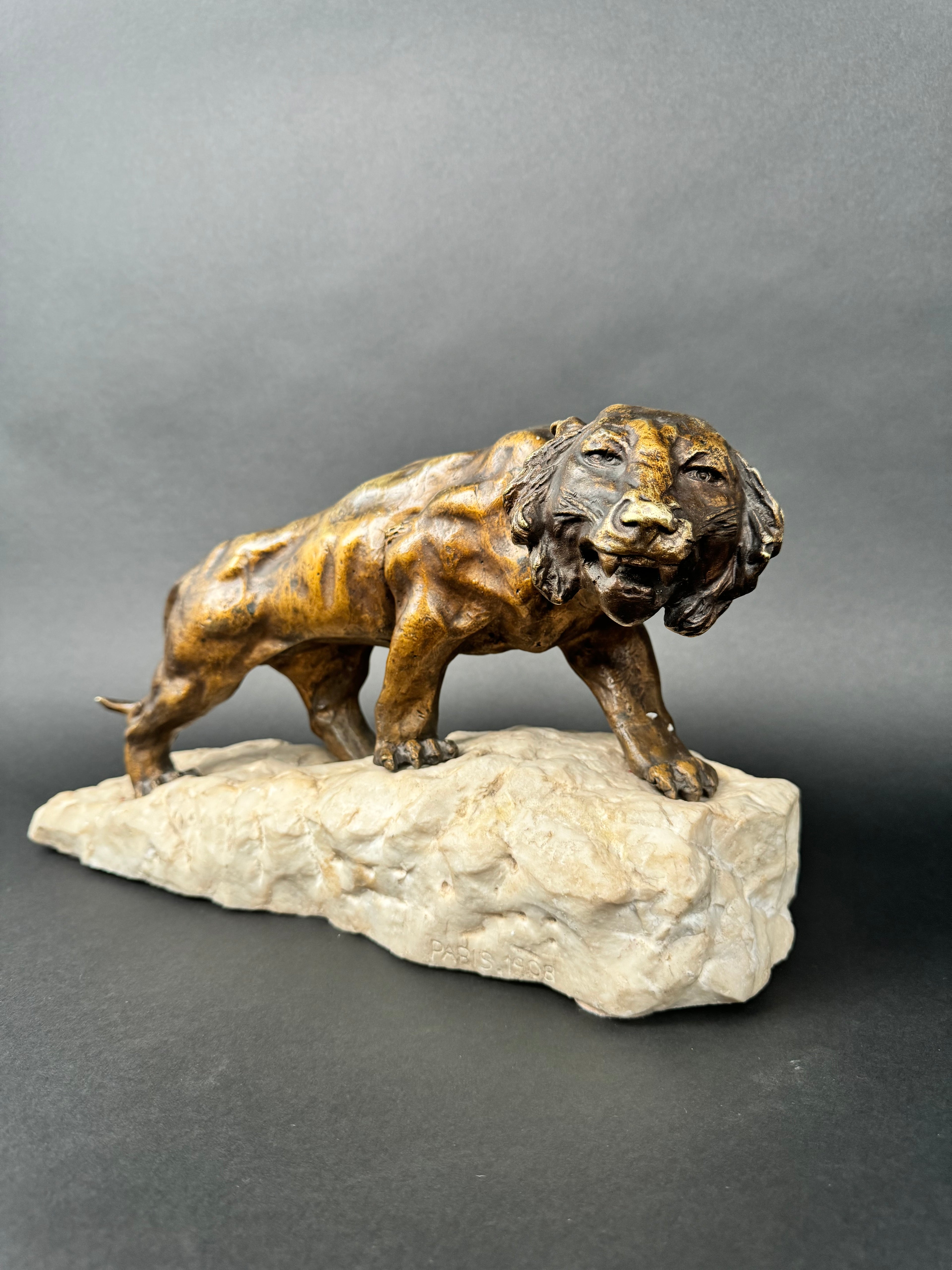 Patinated Bronze Mounted On Marble Sculpture Figure Of A Lion