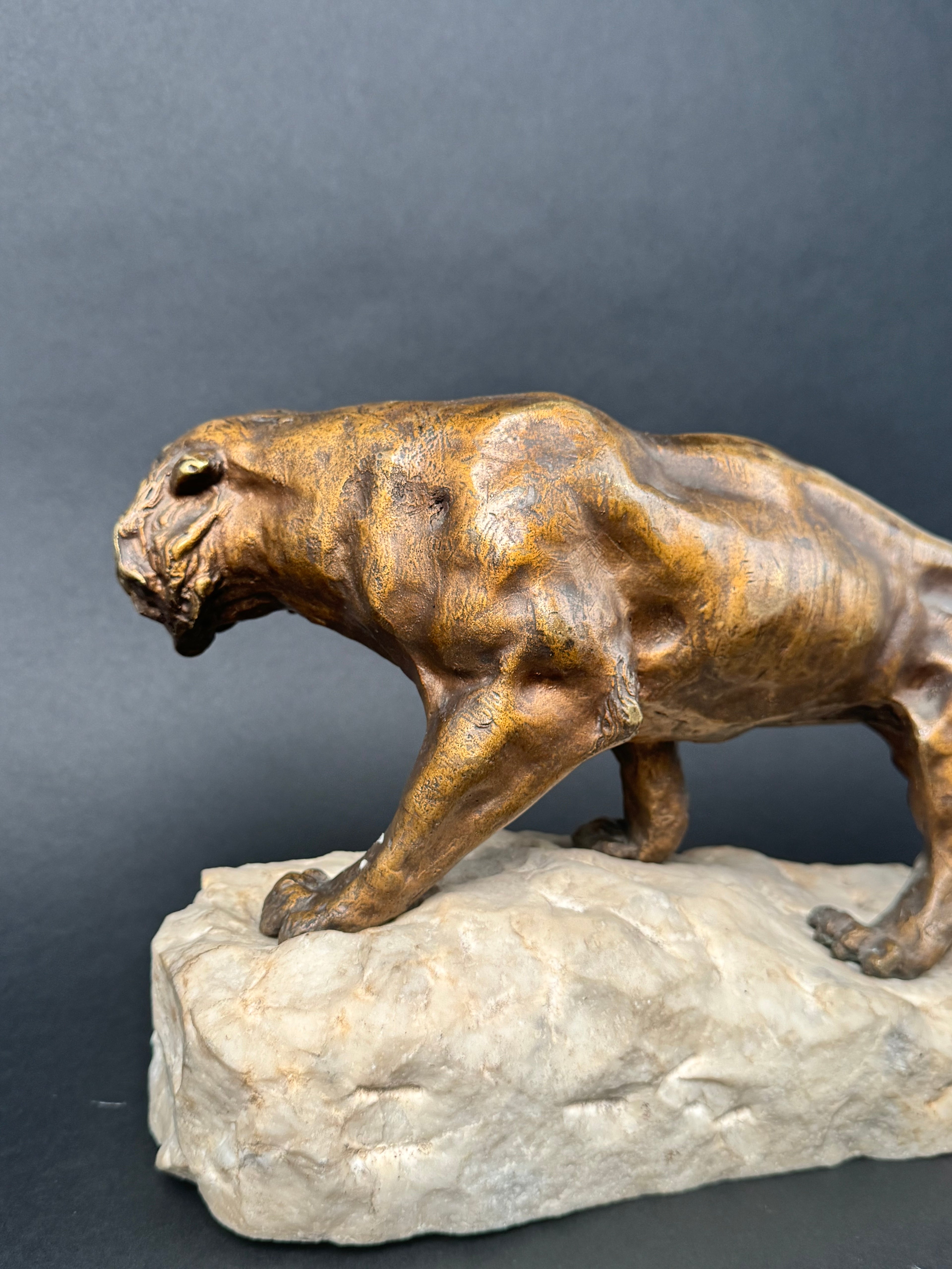 Patinated Bronze Mounted On Marble Sculpture Figure Of A Lion