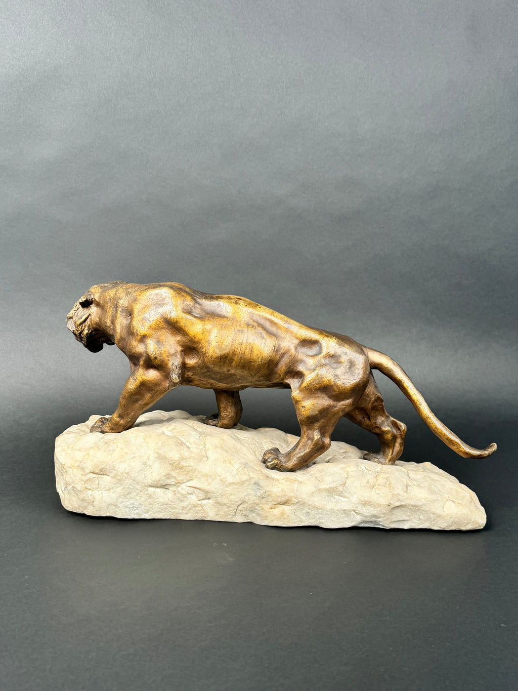 Patinated Bronze Mounted On Marble Sculpture Figure Of A Lion