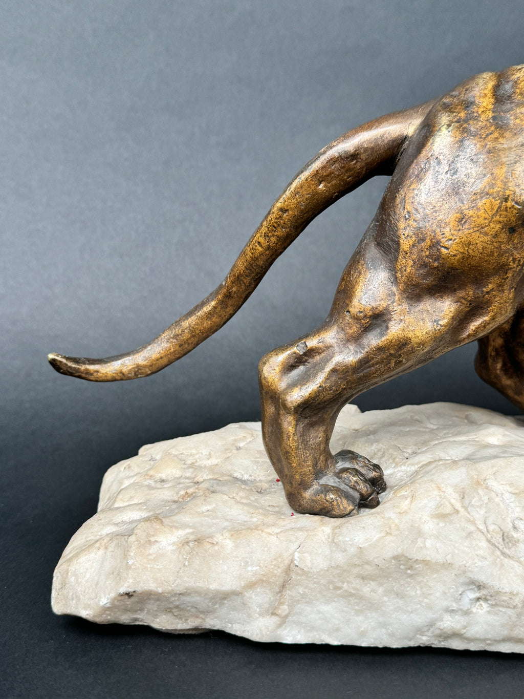 Patinated Bronze Mounted On Marble Sculpture Figure Of A Lion