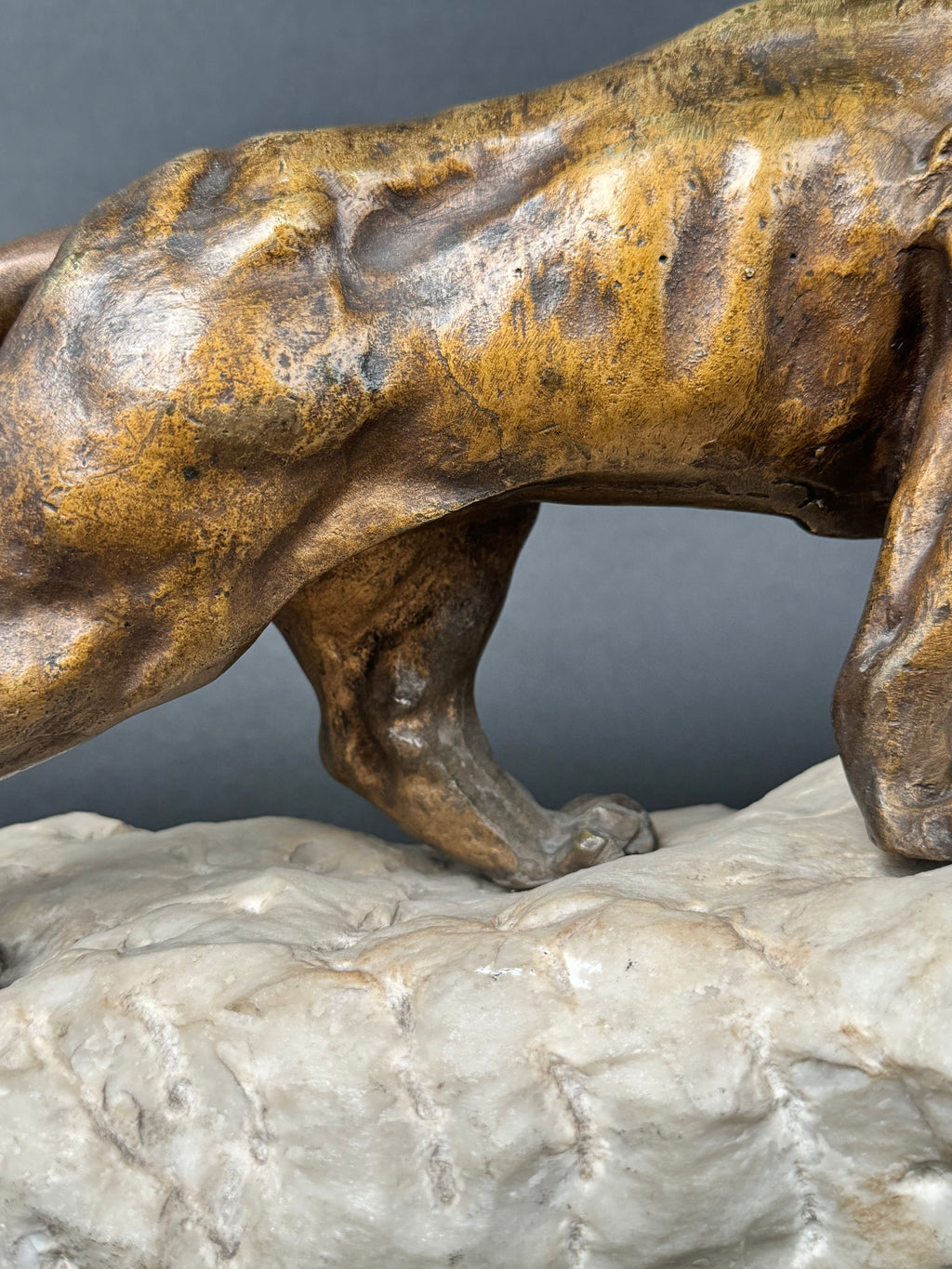 Patinated Bronze Mounted On Marble Sculpture Figure Of A Lion
