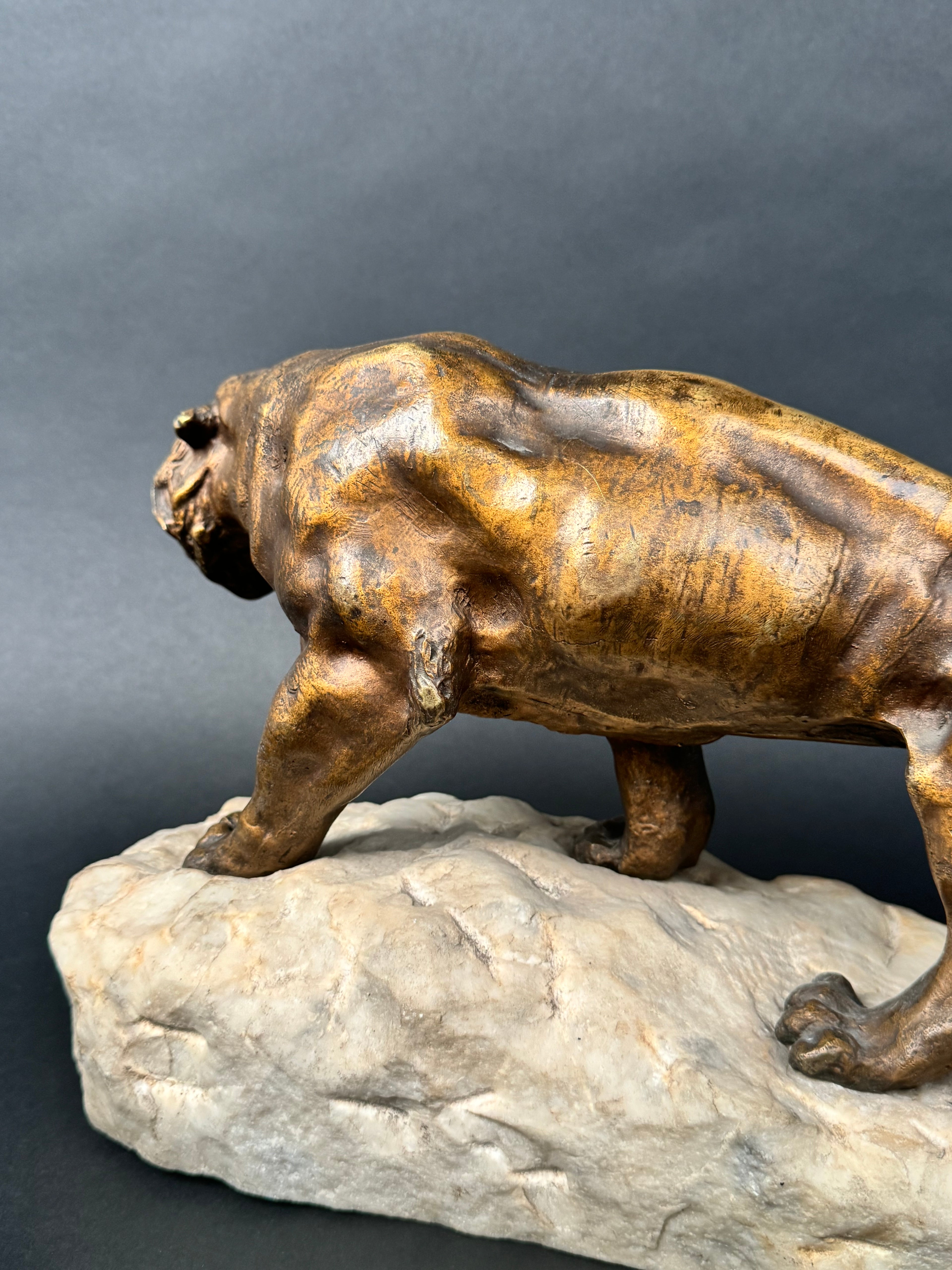 Patinated Bronze Mounted On Marble Sculpture Figure Of A Lion