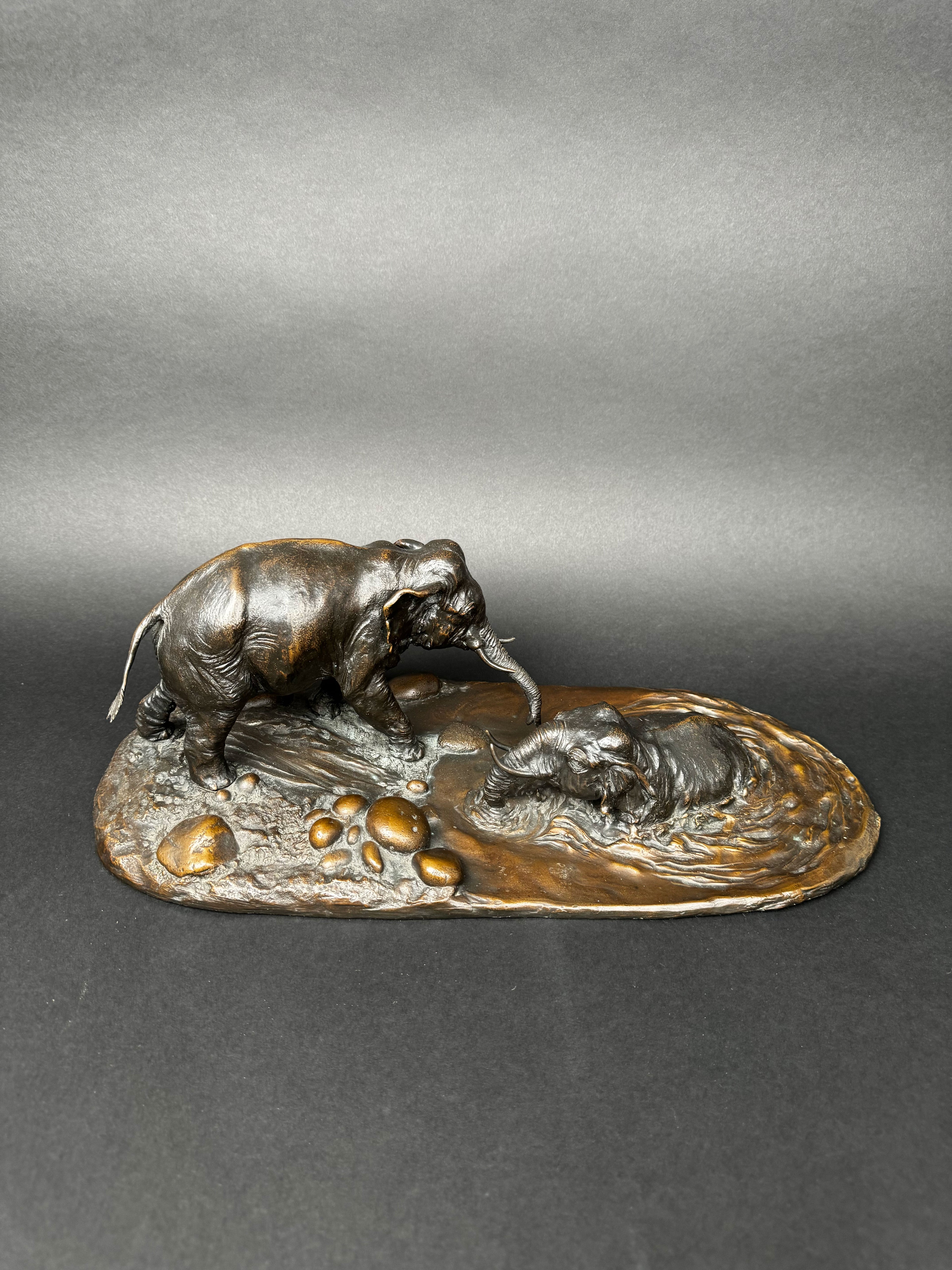 Limited Edition Patinated Bronze Sculpture Of Playing Elephants, 20th Century