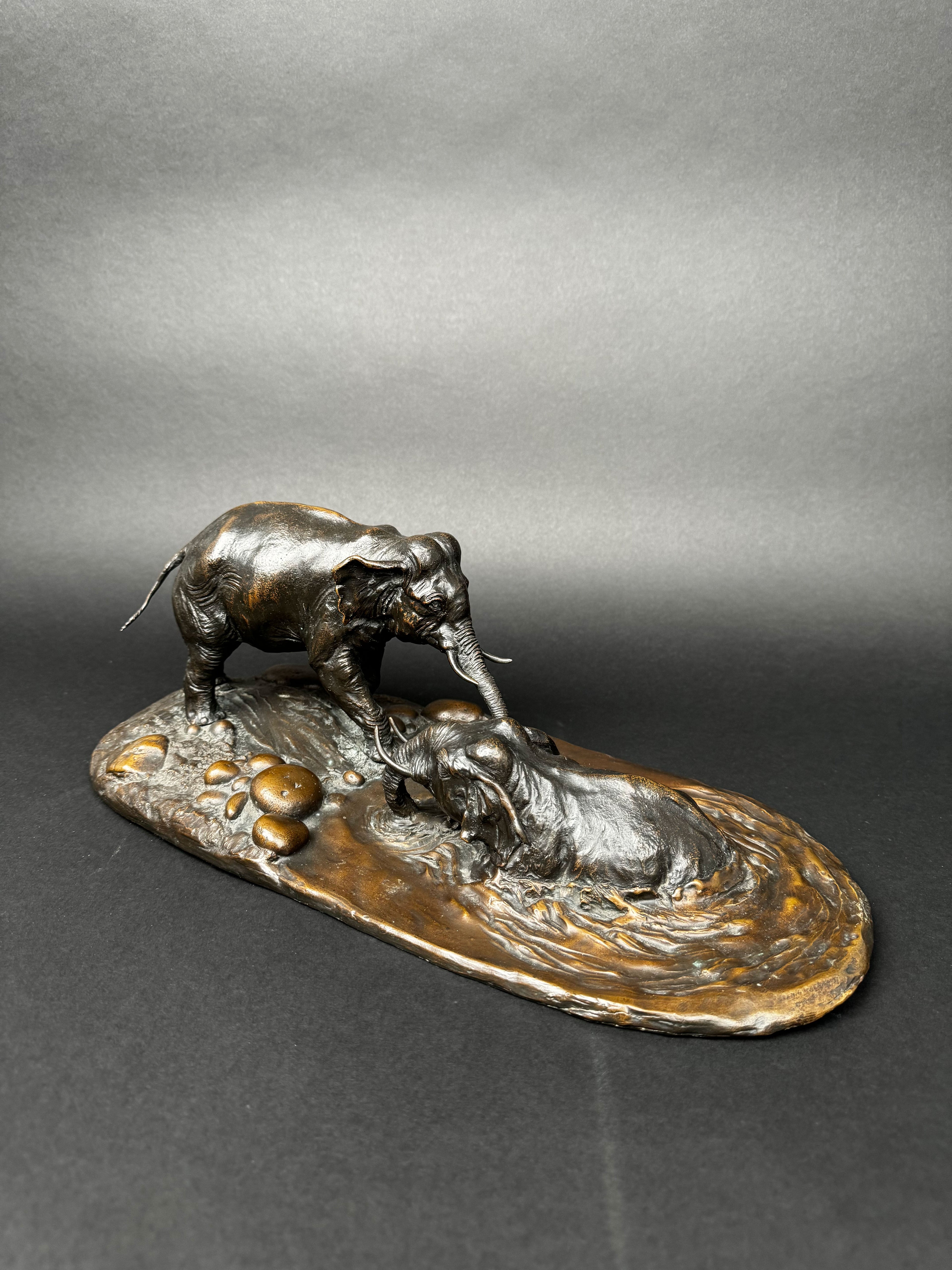 Limited Edition Patinated Bronze Sculpture Of Playing Elephants, 20th Century