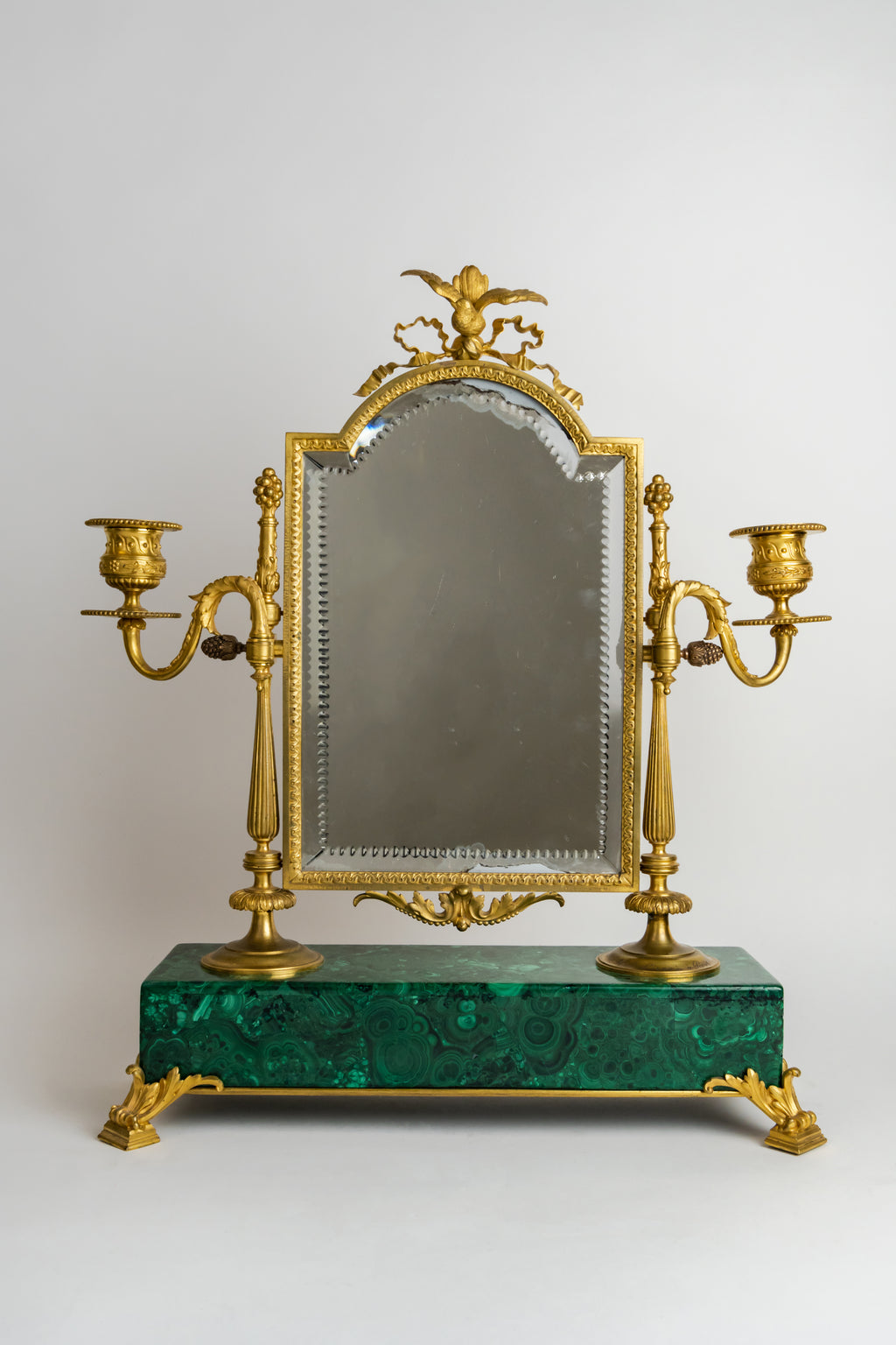 Gilt Bronze Mirror Mounted On Malachite Base By Giroux