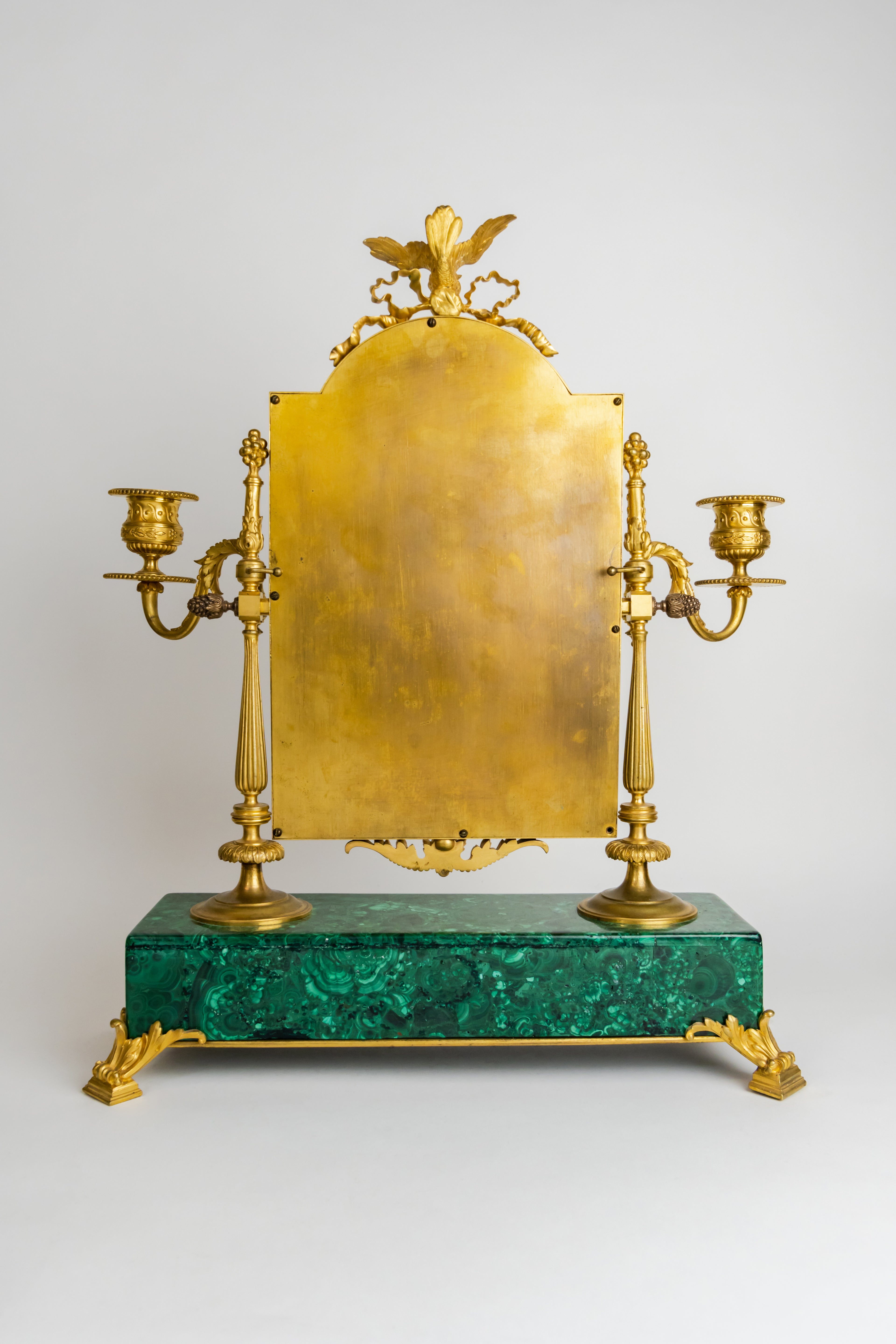 Gilt Bronze Mirror Mounted On Malachite Base By Giroux