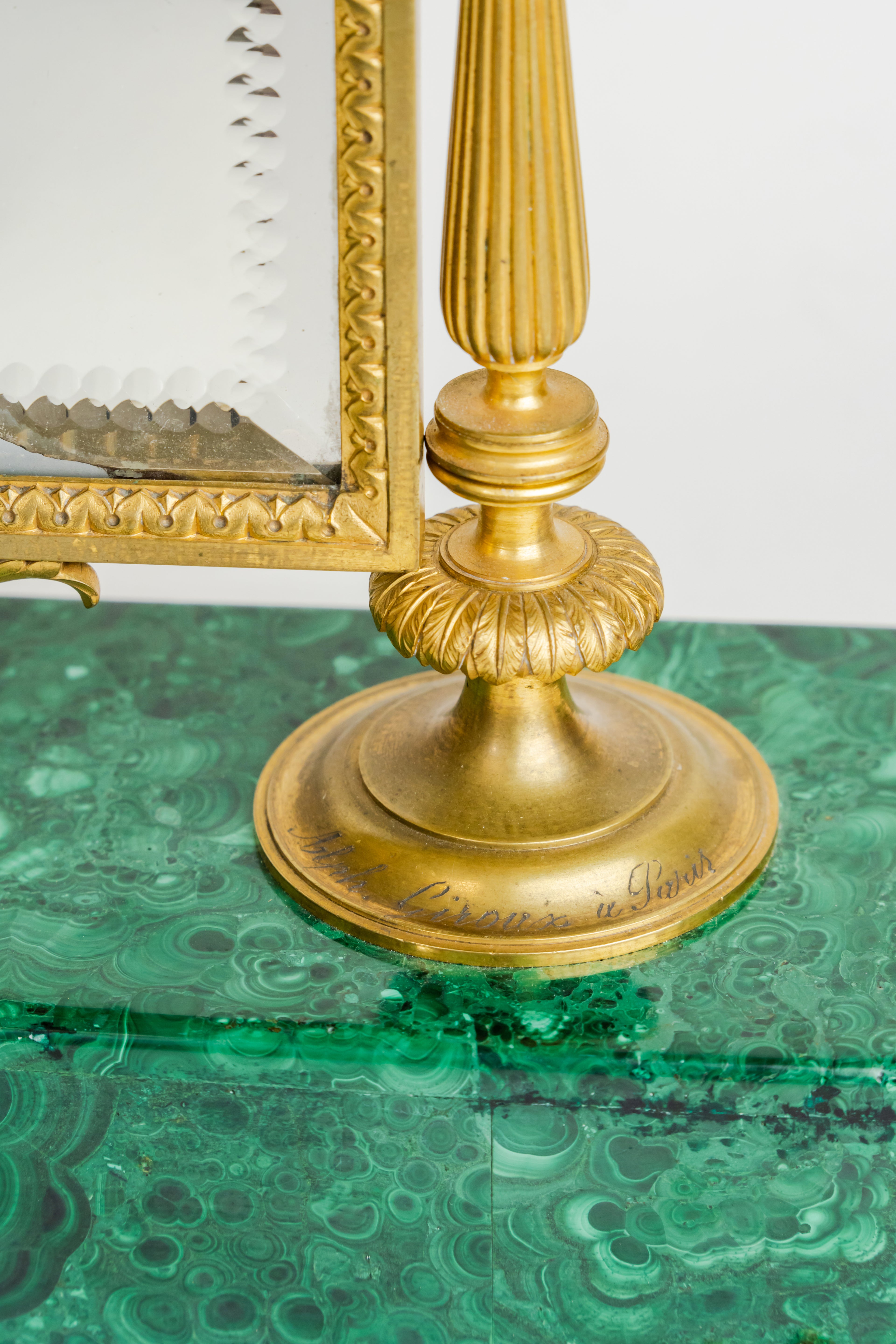 Gilt Bronze Mirror Mounted On Malachite Base By Giroux