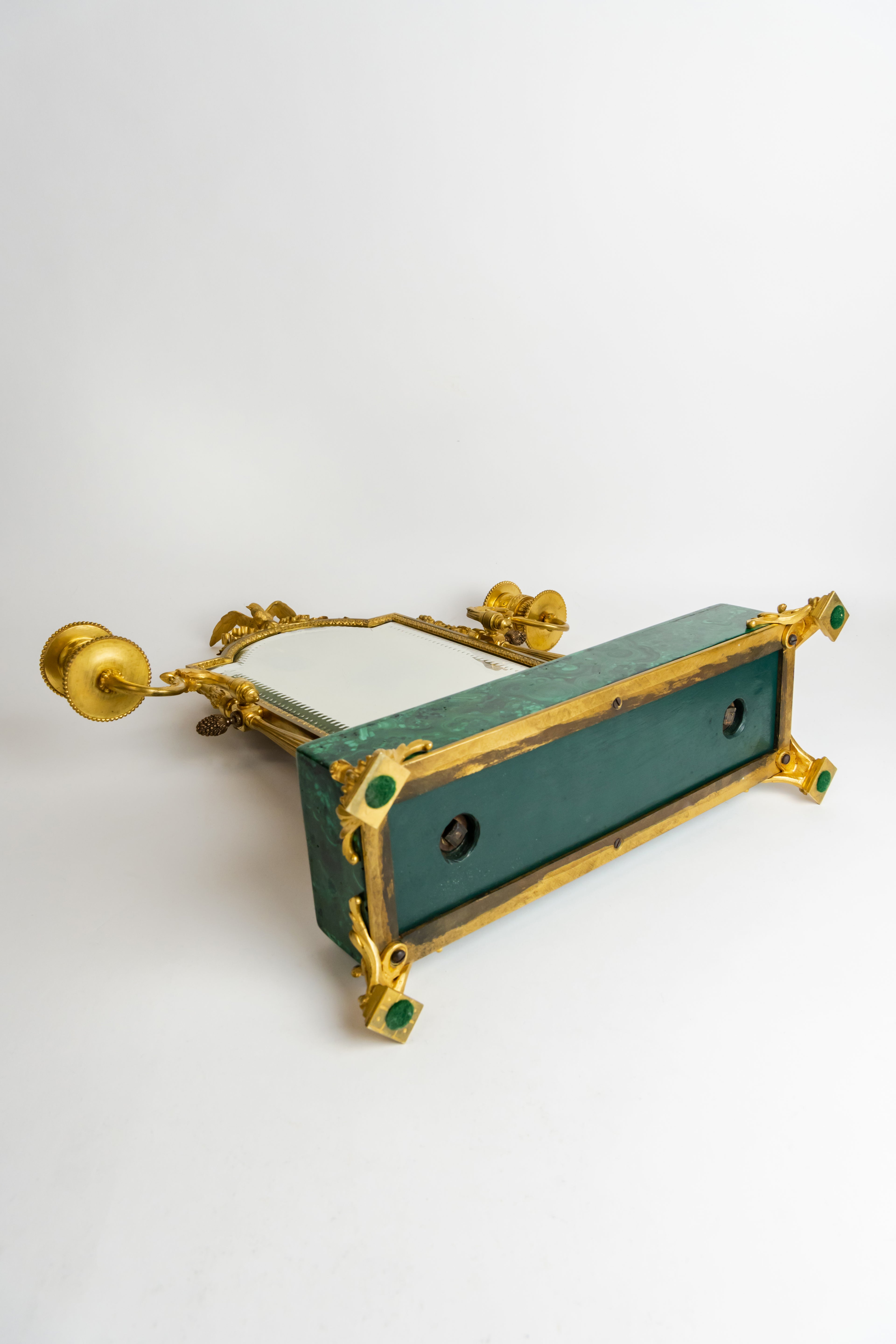Gilt Bronze Mirror Mounted On Malachite Base By Giroux