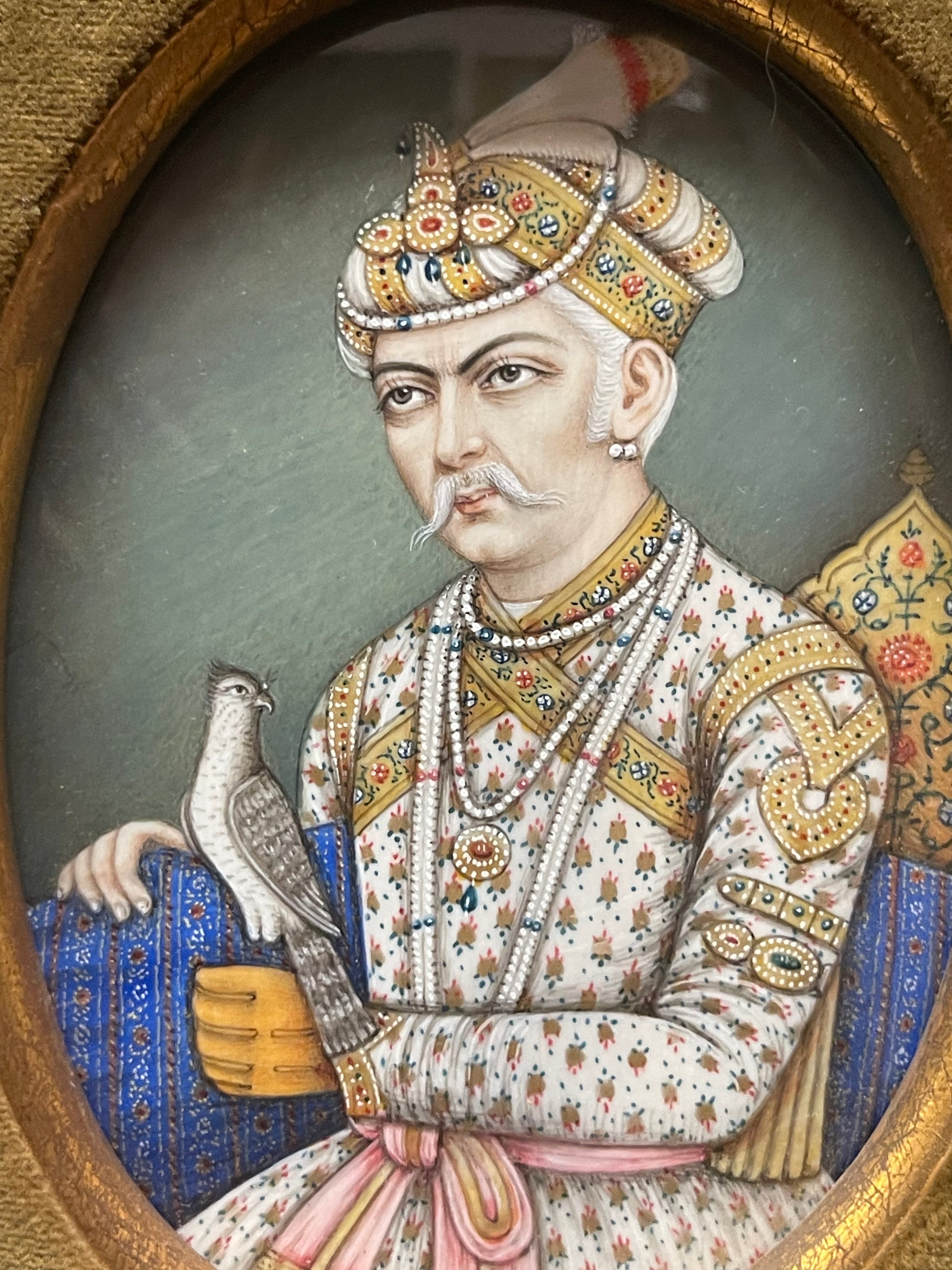 Indian Mughal Period, Pair of Framed Portraits of Emperor Akbar & Princess Mughal