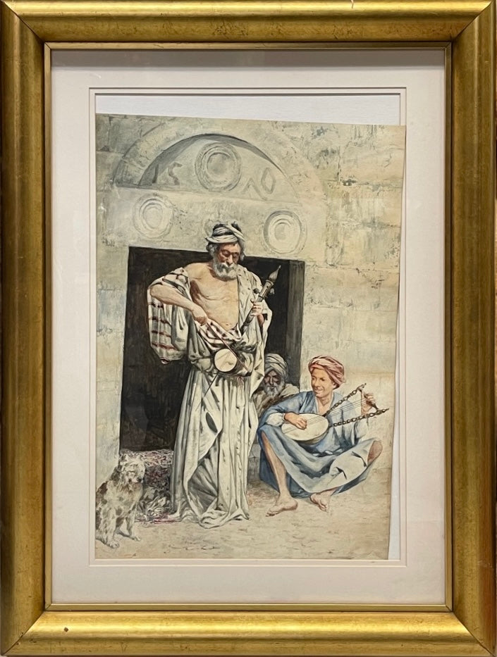 An Antique Italian Orientalist Water Color On Paper of Two Arab Musicians