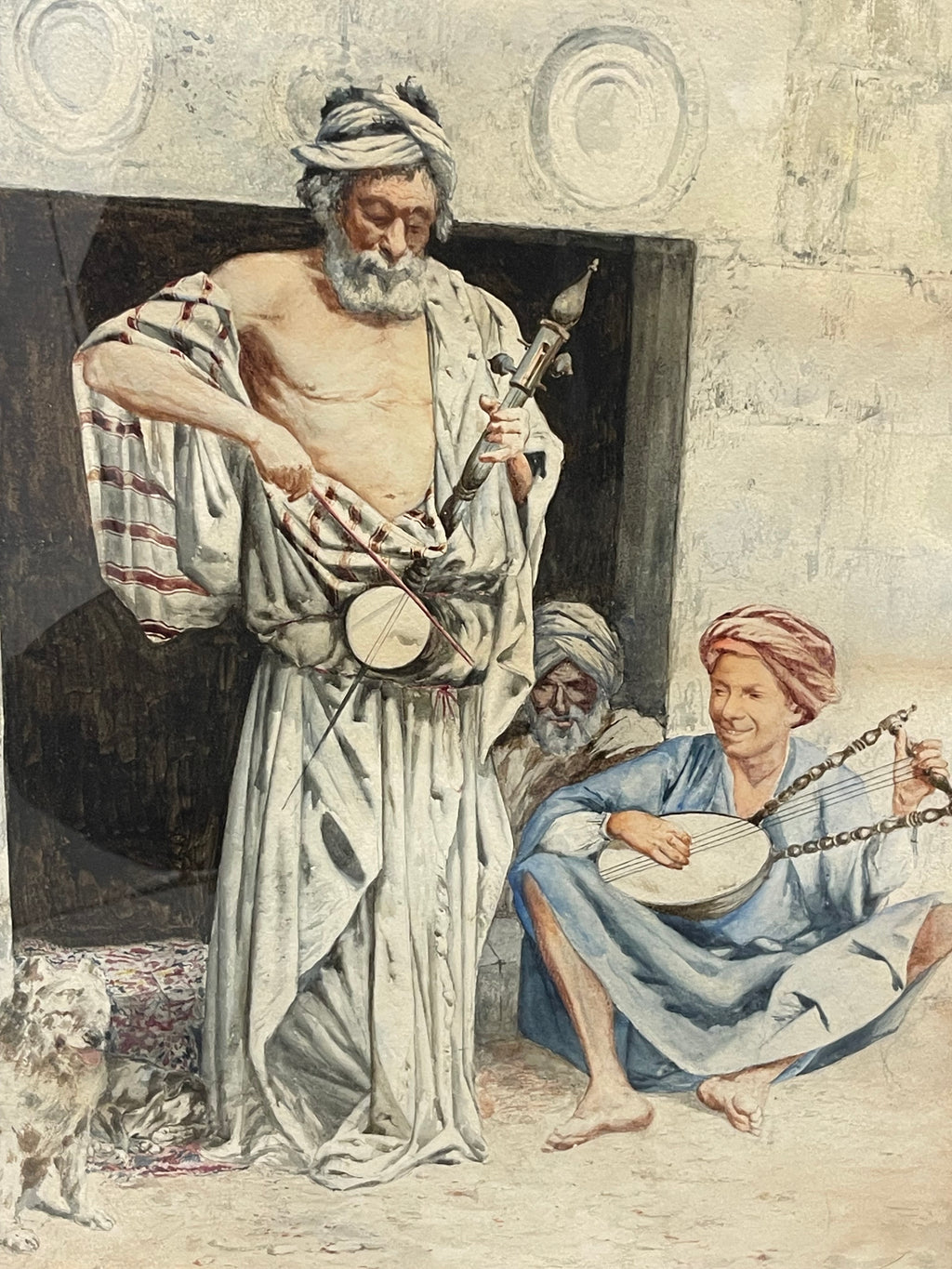 An Antique Italian Orientalist Water Color On Paper of Two Arab Musicians