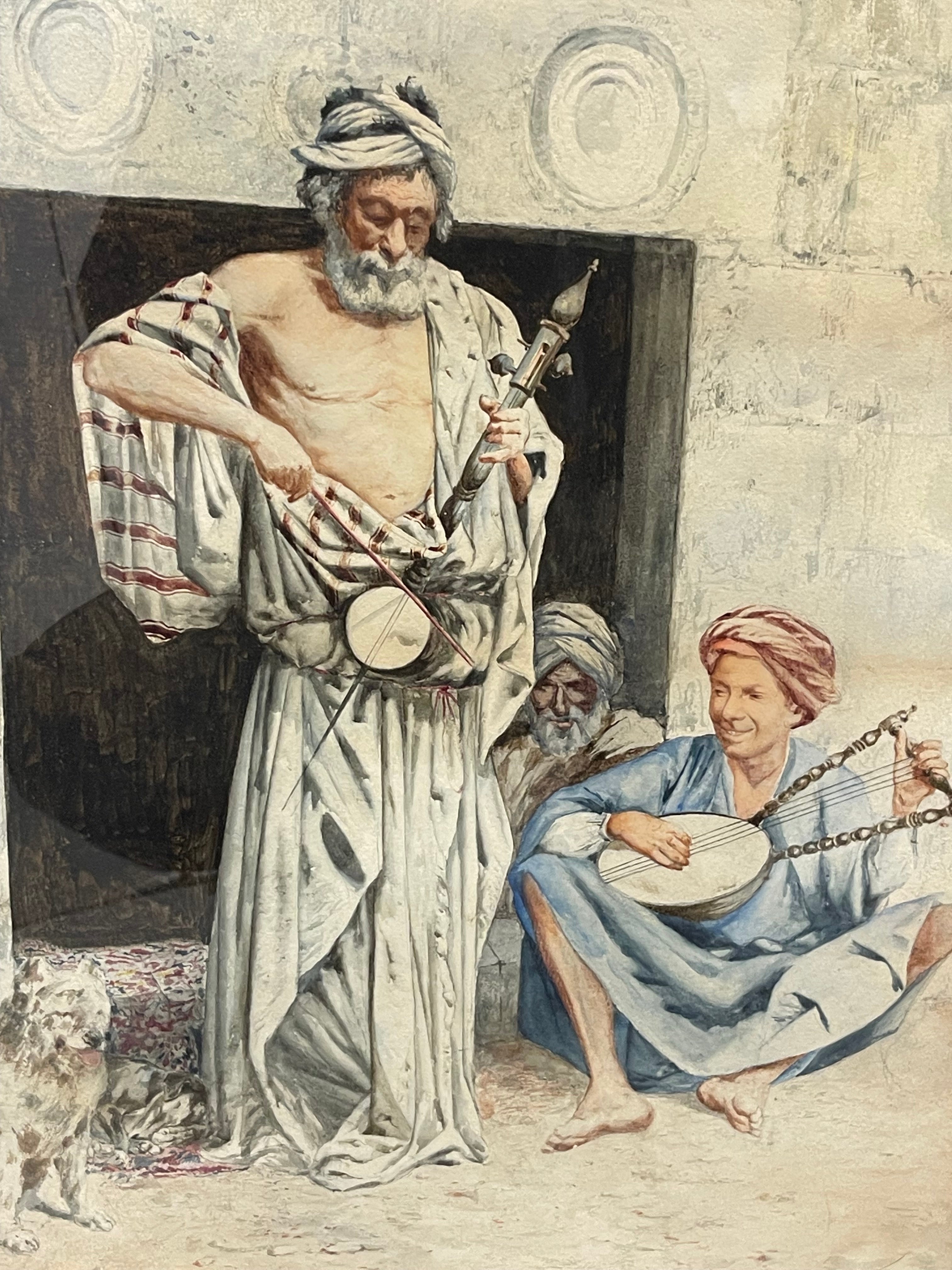 An Antique Italian Orientalist Water Color On Paper of Two Arab Musicians