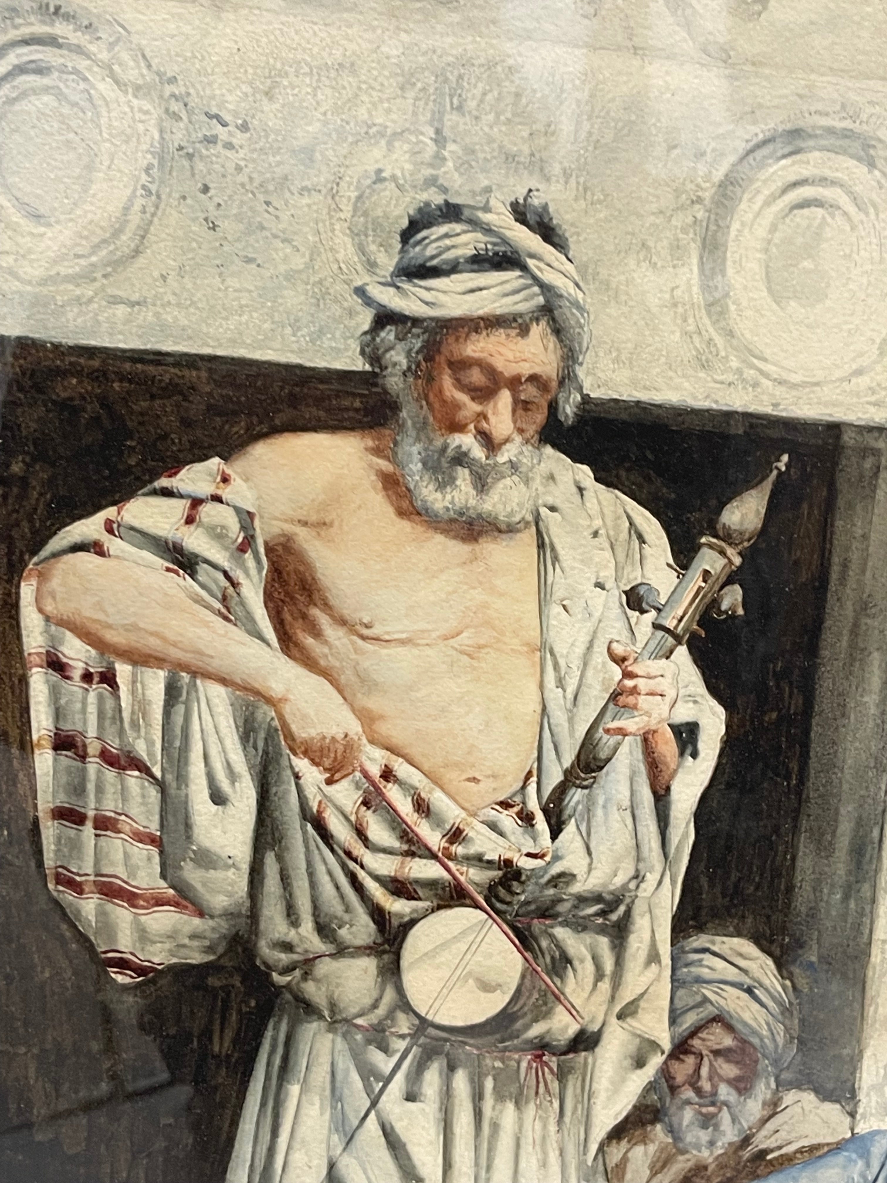 An Antique Italian Orientalist Water Color On Paper of Two Arab Musicians