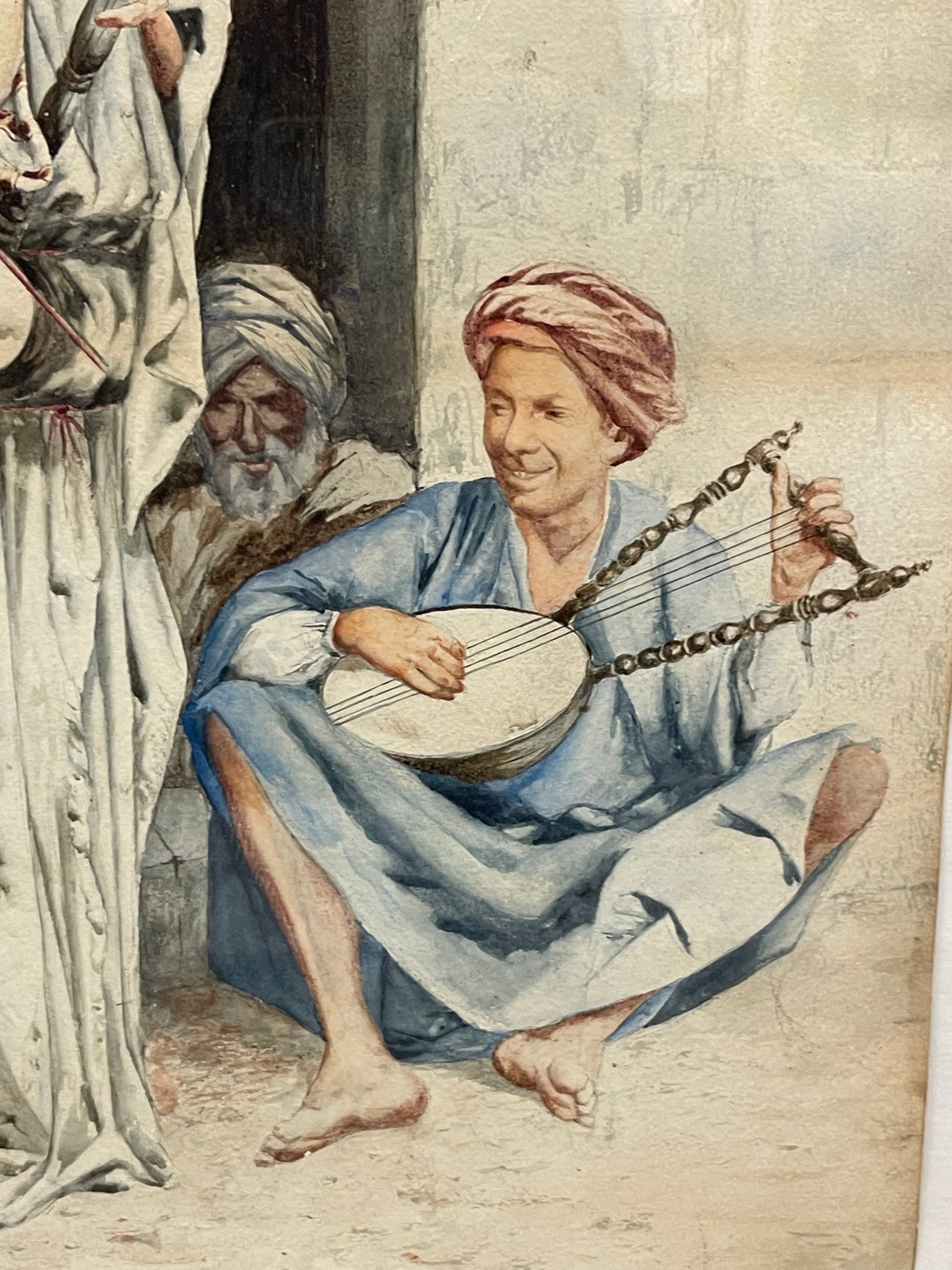 An Antique Italian Orientalist Water Color On Paper of Two Arab Musicians