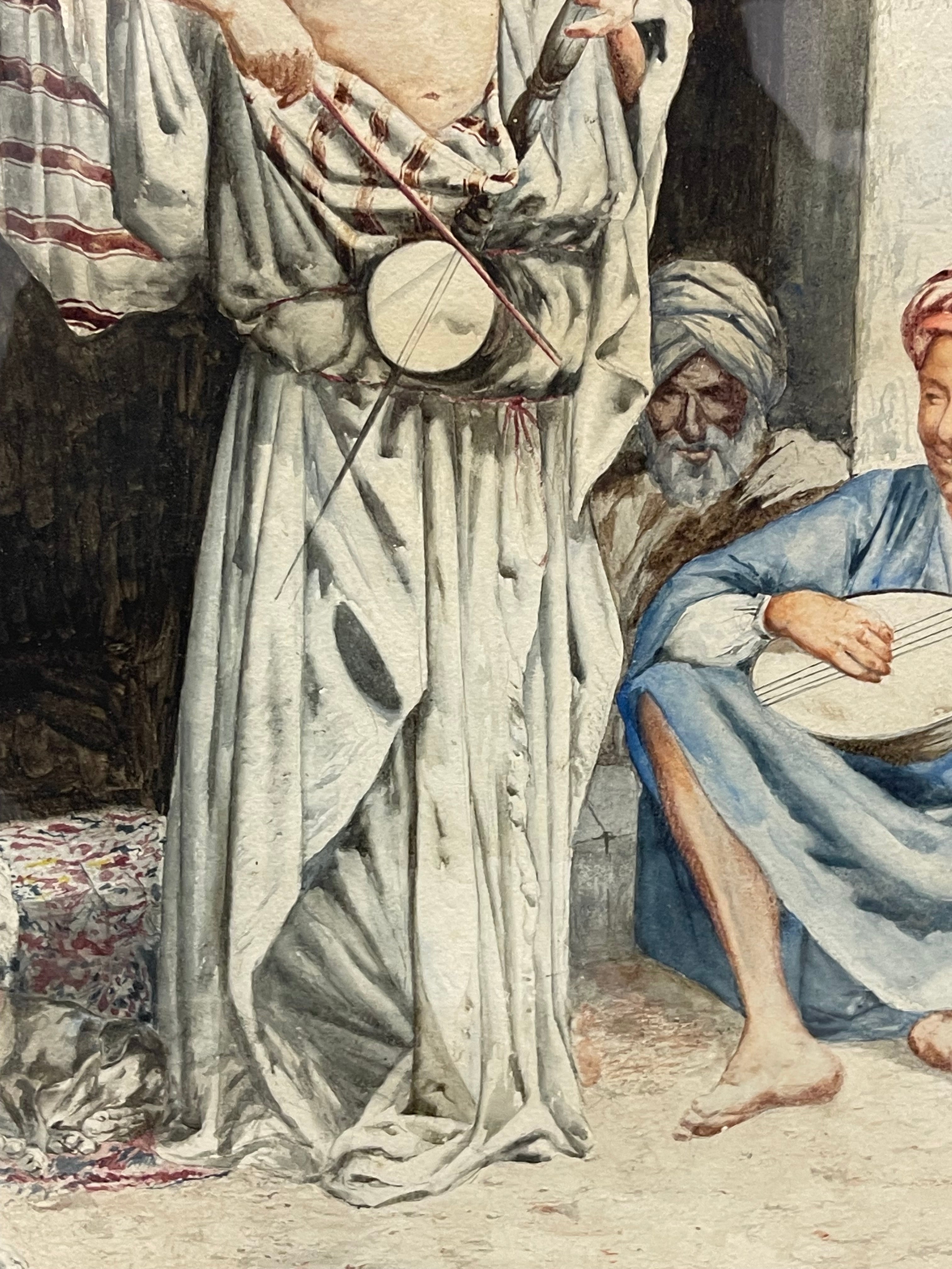 An Antique Italian Orientalist Water Color On Paper of Two Arab Musicians