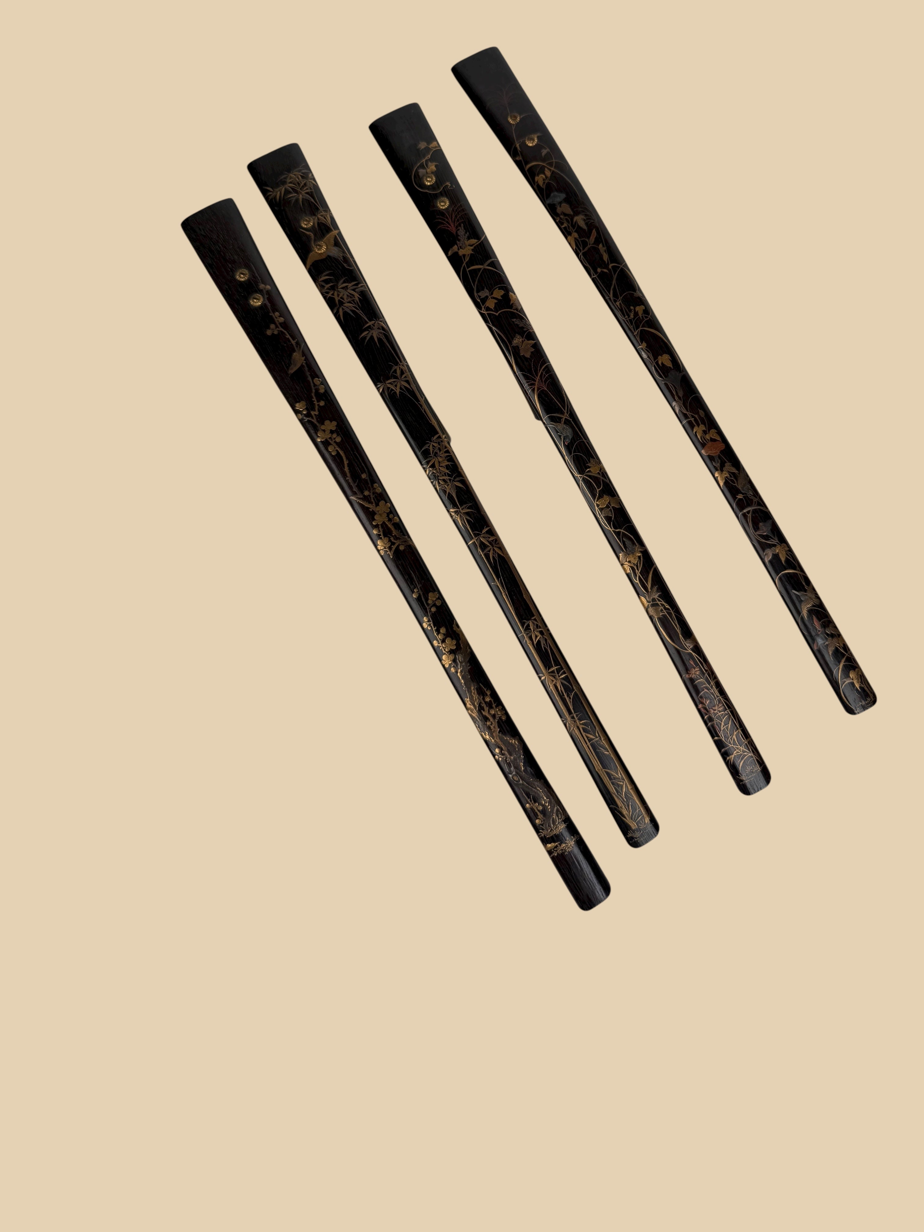 Set Of 4 Japanese Meiji Period Lacquered Hard Wood Scroll Holder