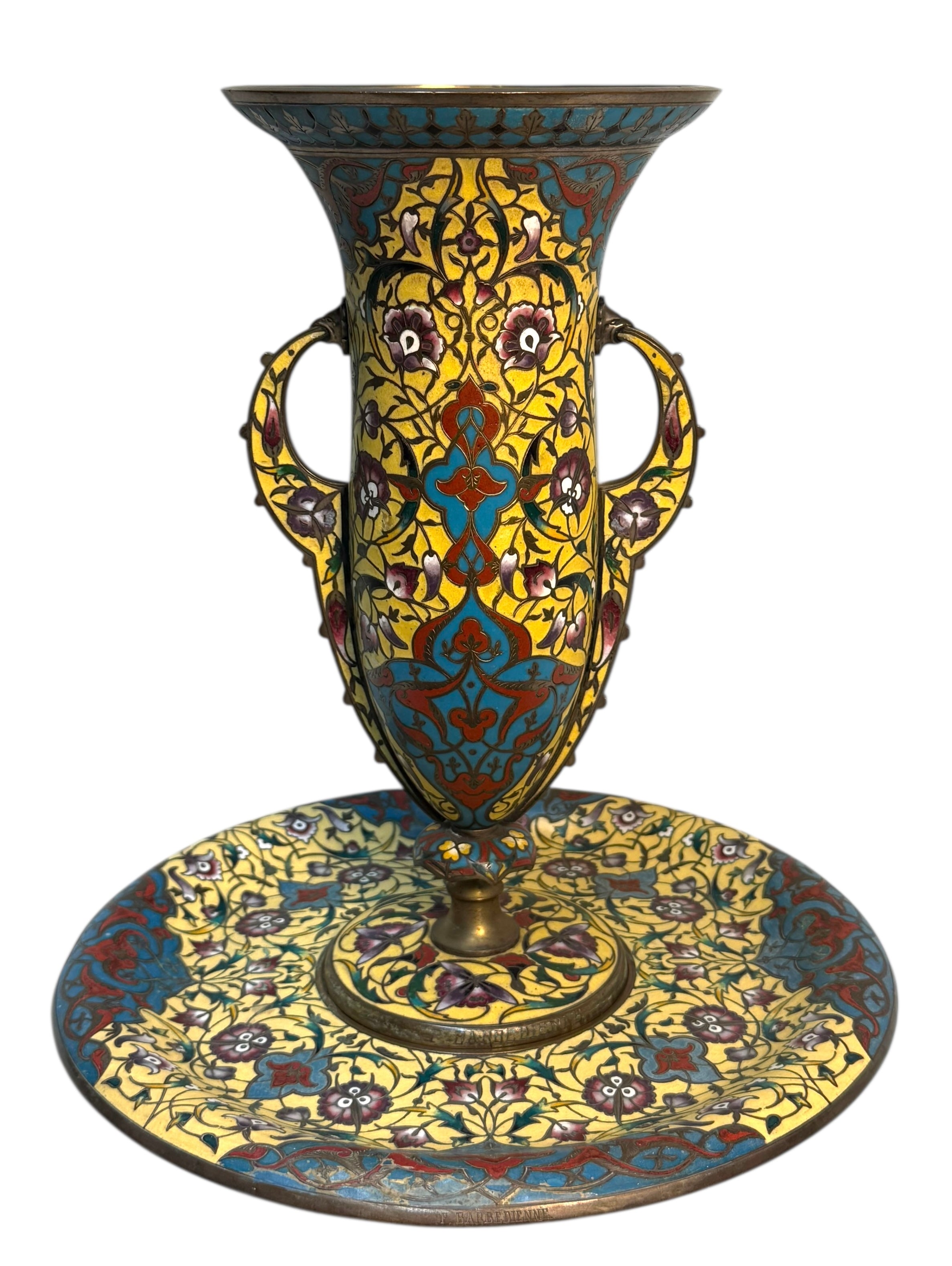 A Large 19th Century. French Champleve Enamel and Bronze Vase By Barbedienne