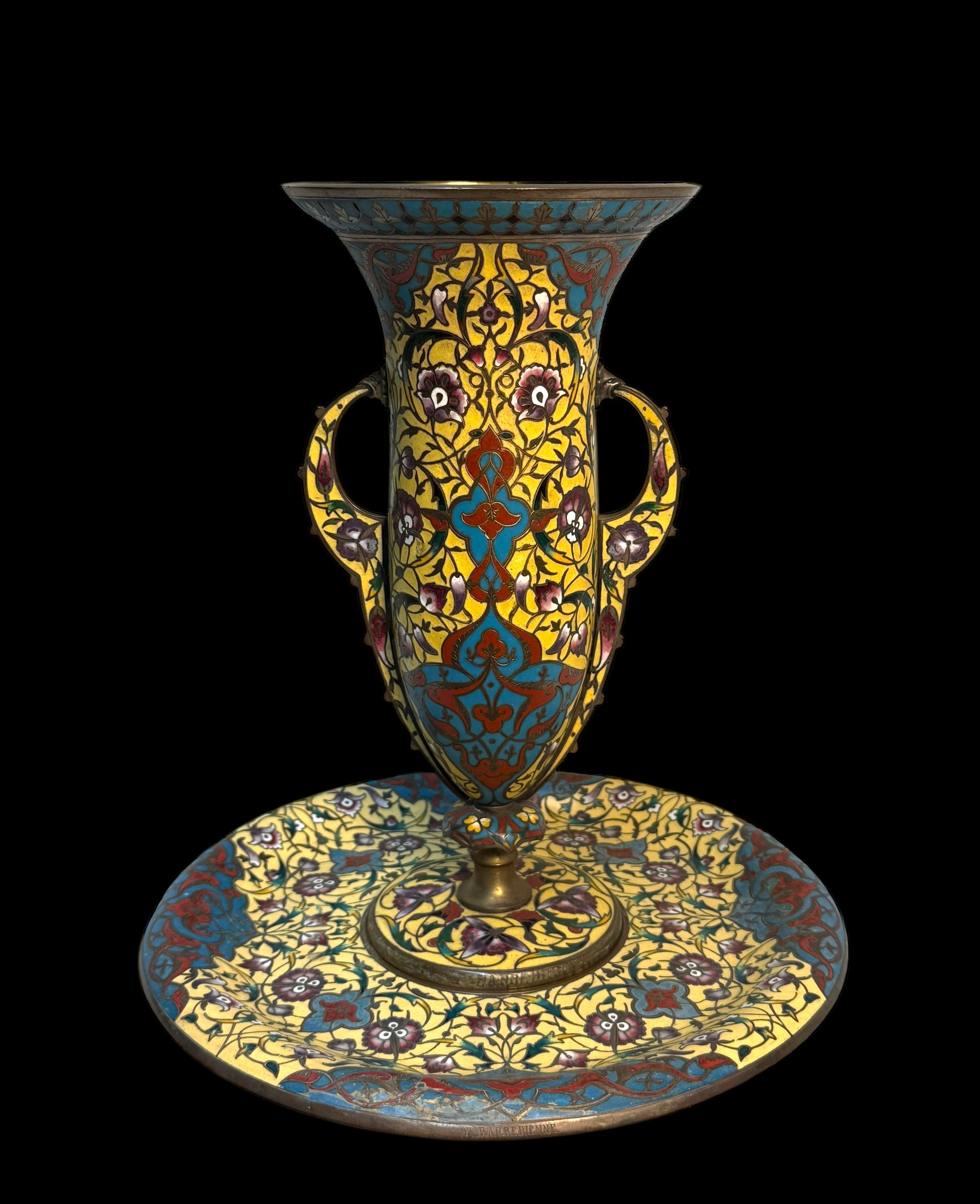A Large 19th Century. French Champleve Enamel and Bronze Vase By Barbedienne