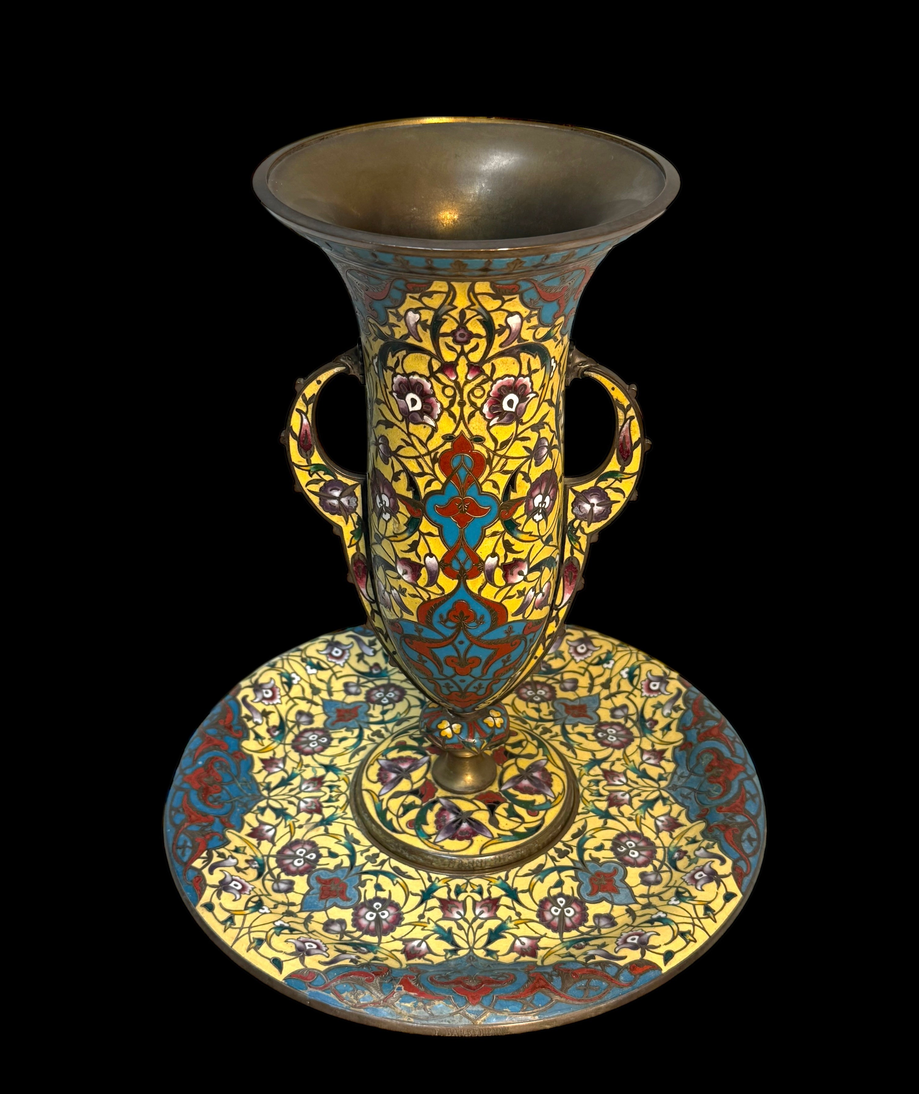 A Large 19th Century. French Champleve Enamel and Bronze Vase By Barbedienne