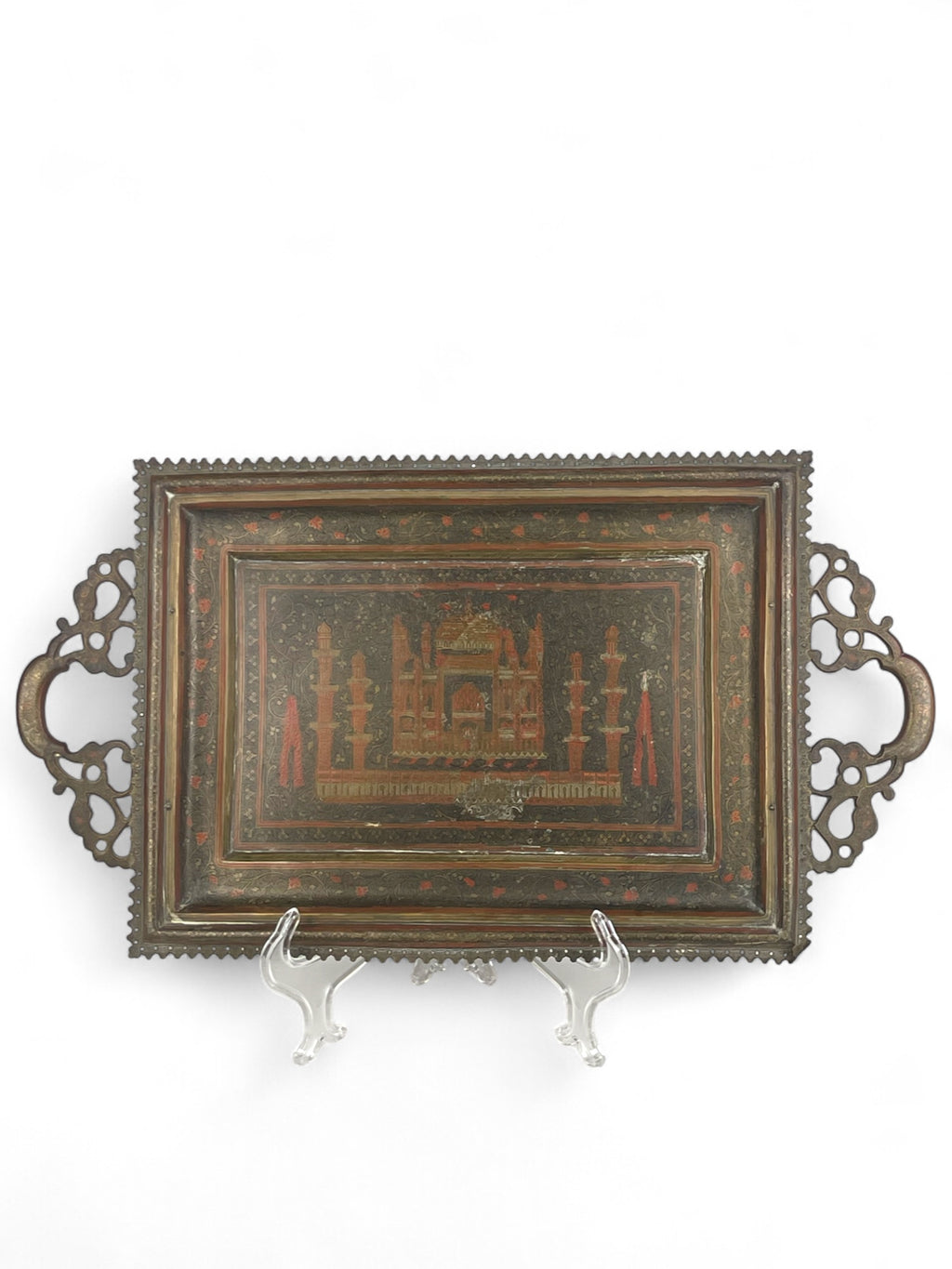 A Middle Eastern Handmade Hand Hammered Cold Enameled Tray