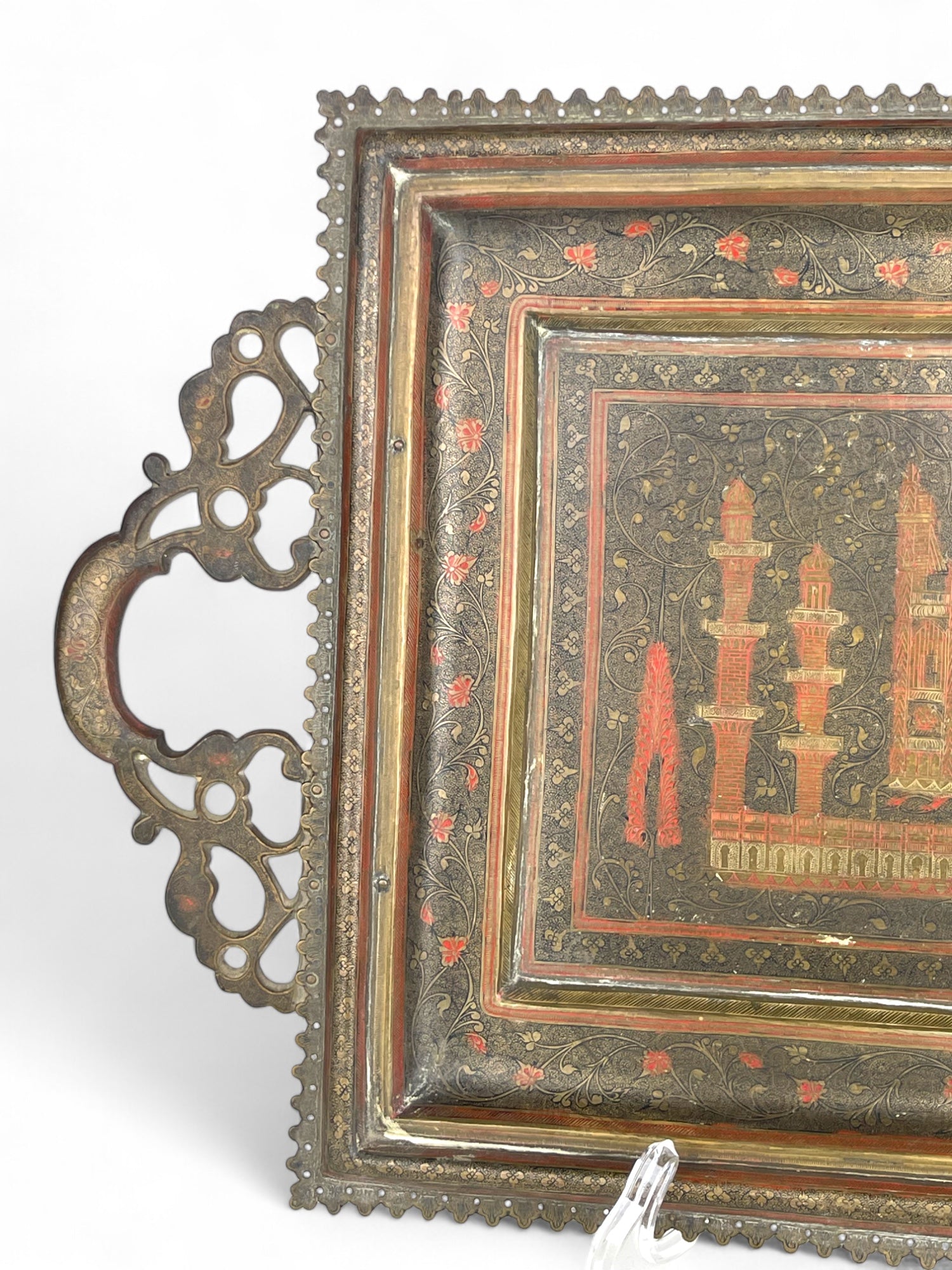 A Middle Eastern Handmade Hand Hammered Cold Enameled Tray