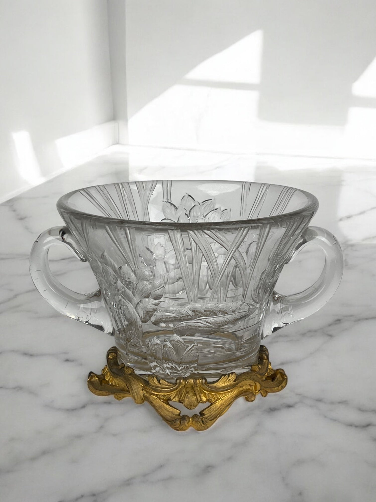 19th Century French Hand Carved Crystal Mounted On Ormolu Vase By Escalier De Cr