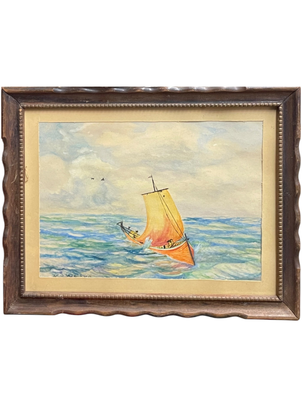 Watercolor Painting of a Boat Floating on the Ocean Signed By Artist