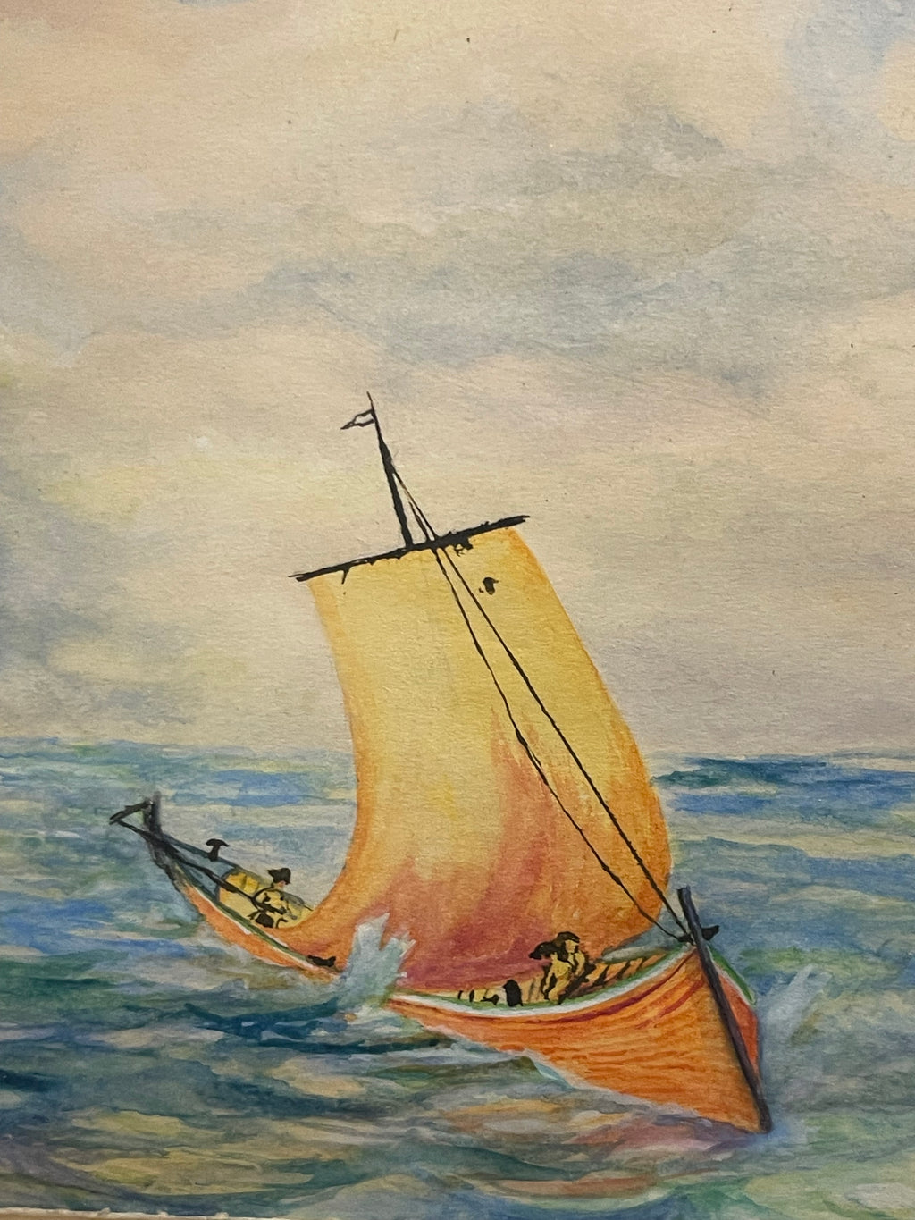 Watercolor Painting of a Boat Floating on the Ocean Signed By Artist