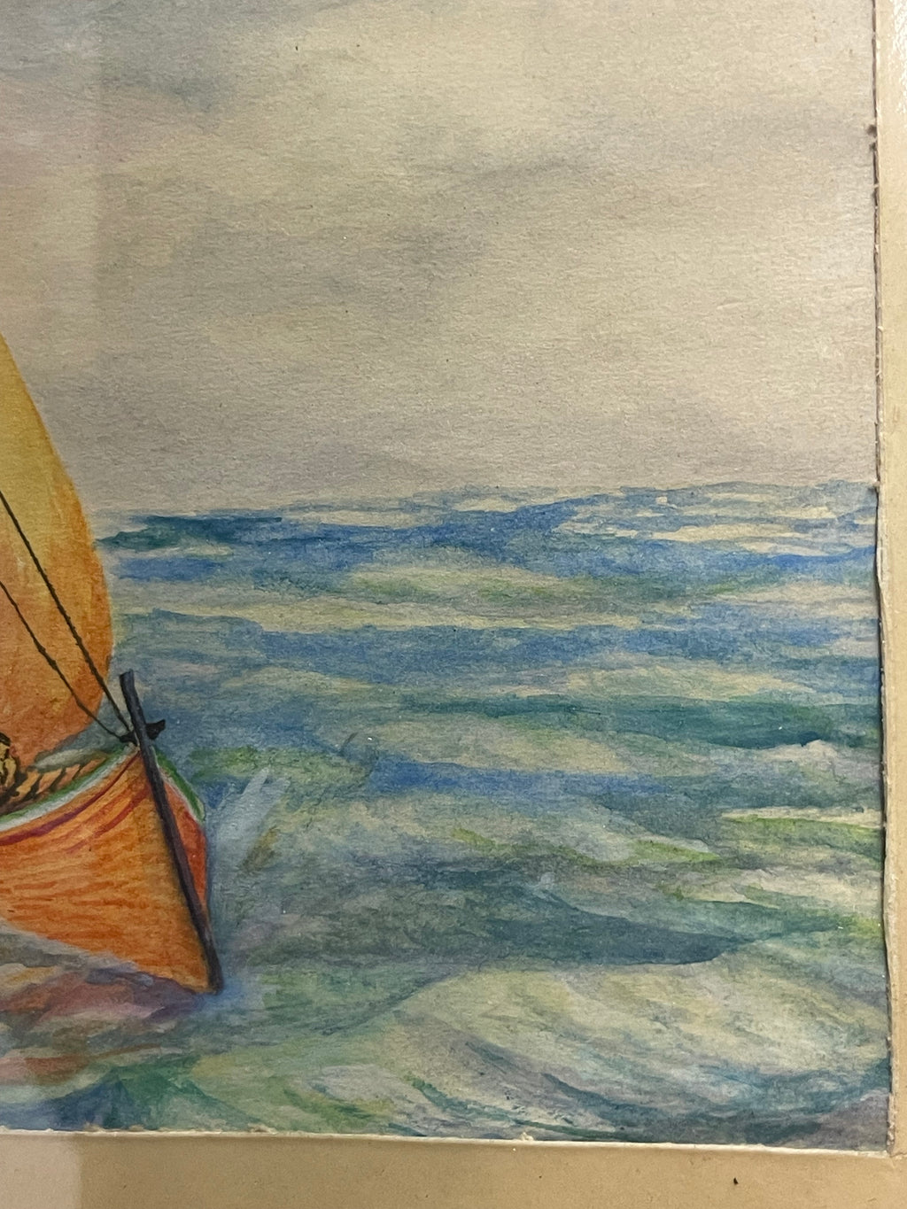 Watercolor Painting of a Boat Floating on the Ocean Signed By Artist