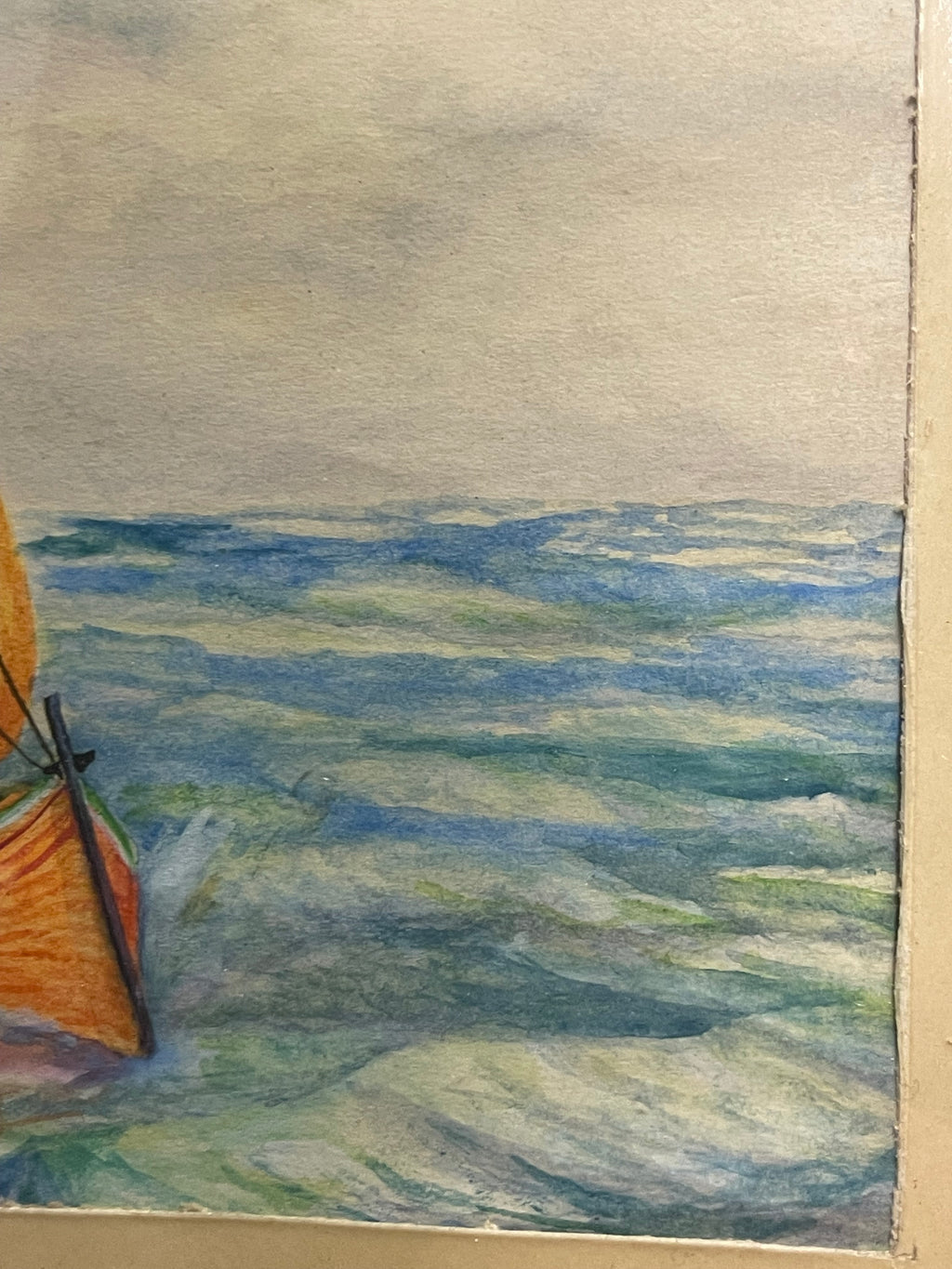 Watercolor Painting of a Boat Floating on the Ocean Signed By Artist