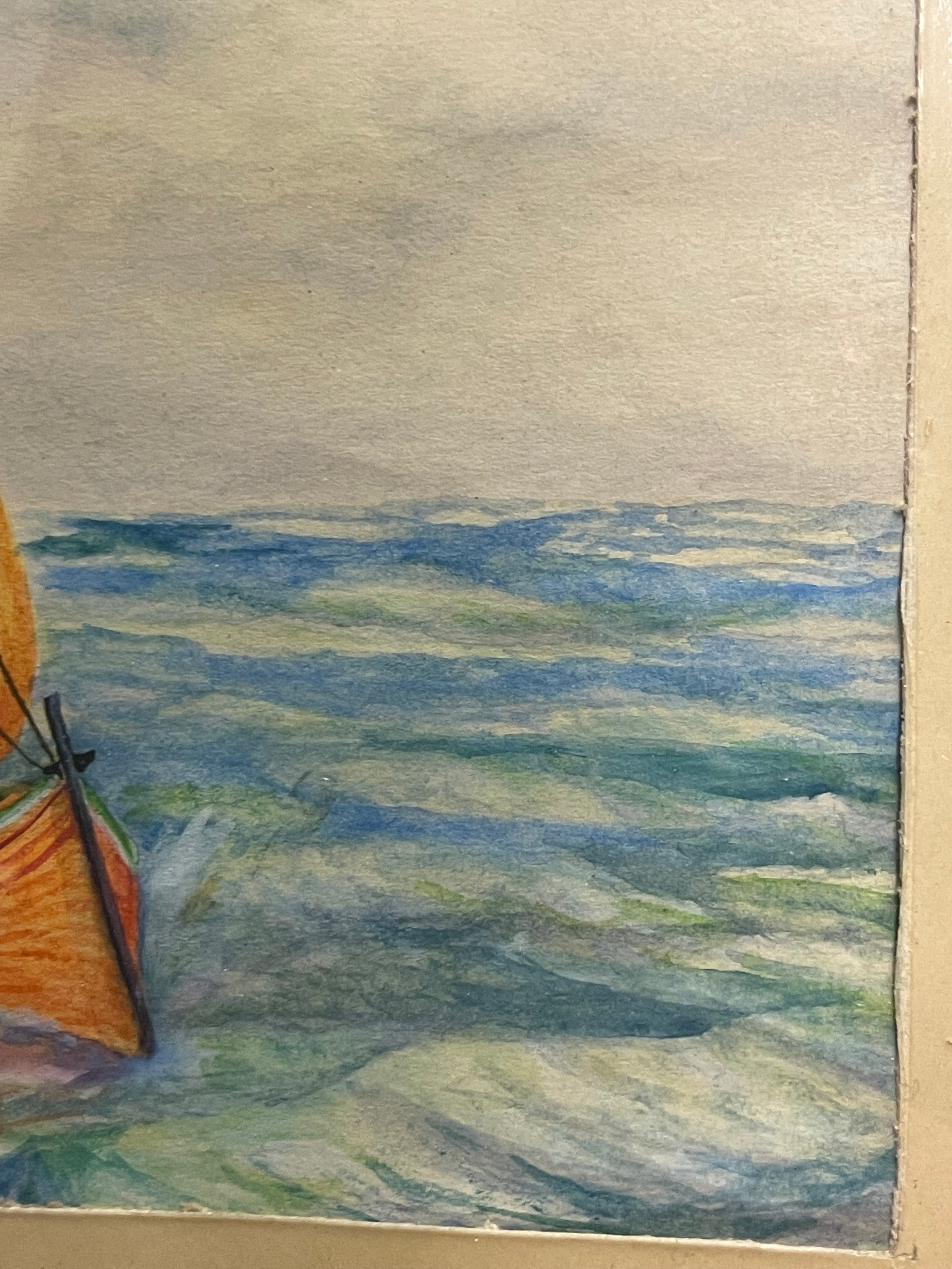 Watercolor Painting of a Boat Floating on the Ocean Signed By Artist