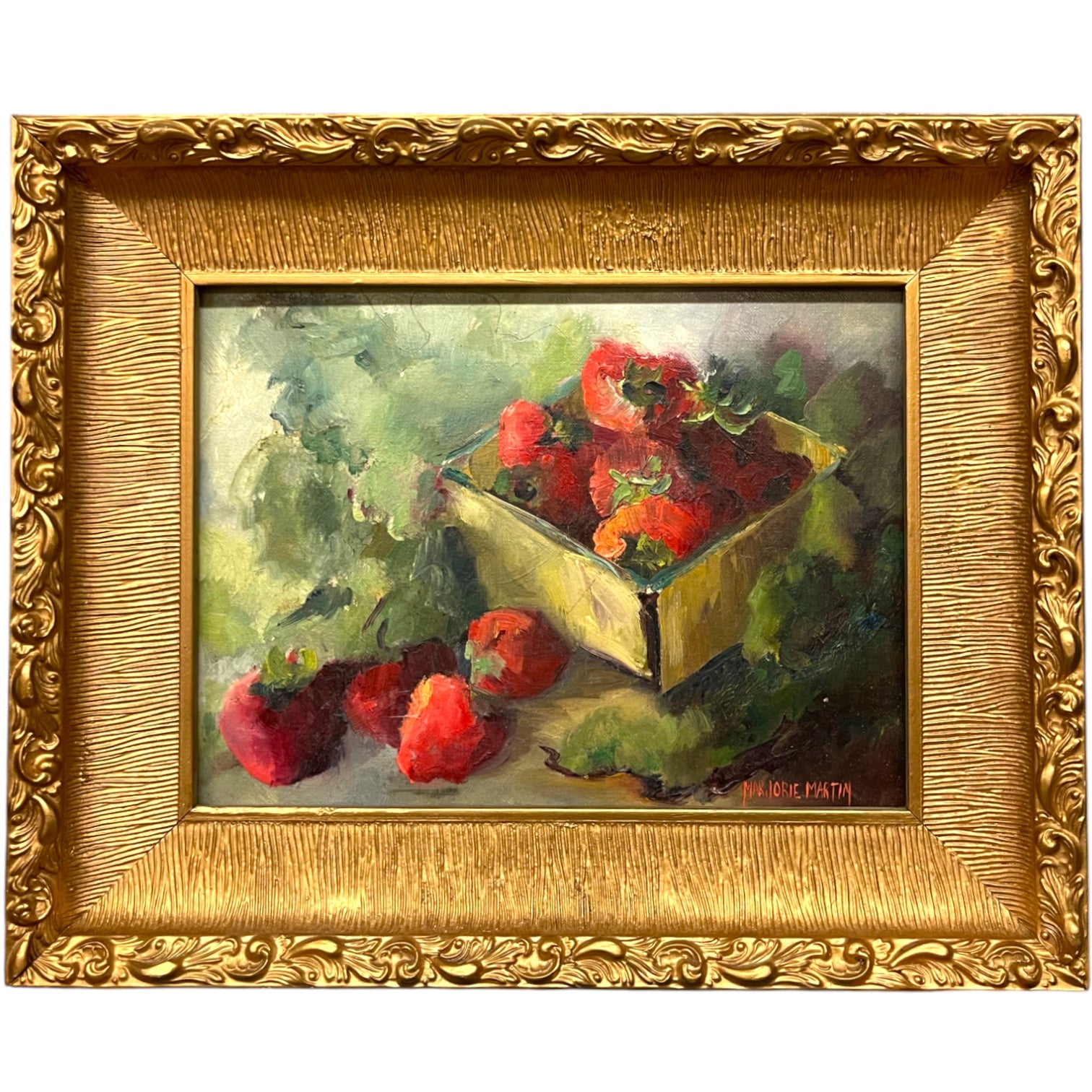 An Oil on Board Still-Life Painting Set in a Ornate Frame By Marjorie Martin