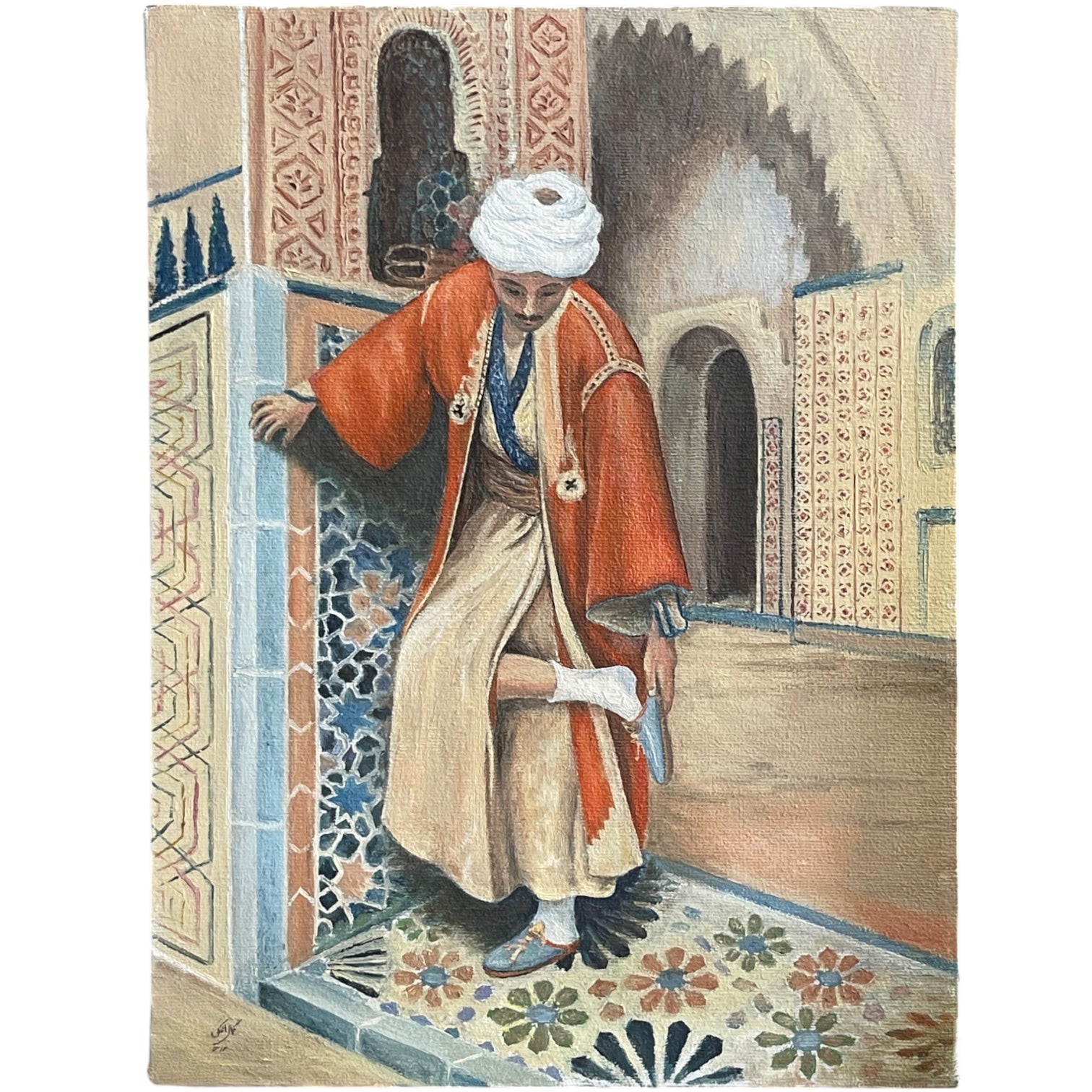 A Middle Eastern Orientalist Oil on Canvas Painting of an Arab Man