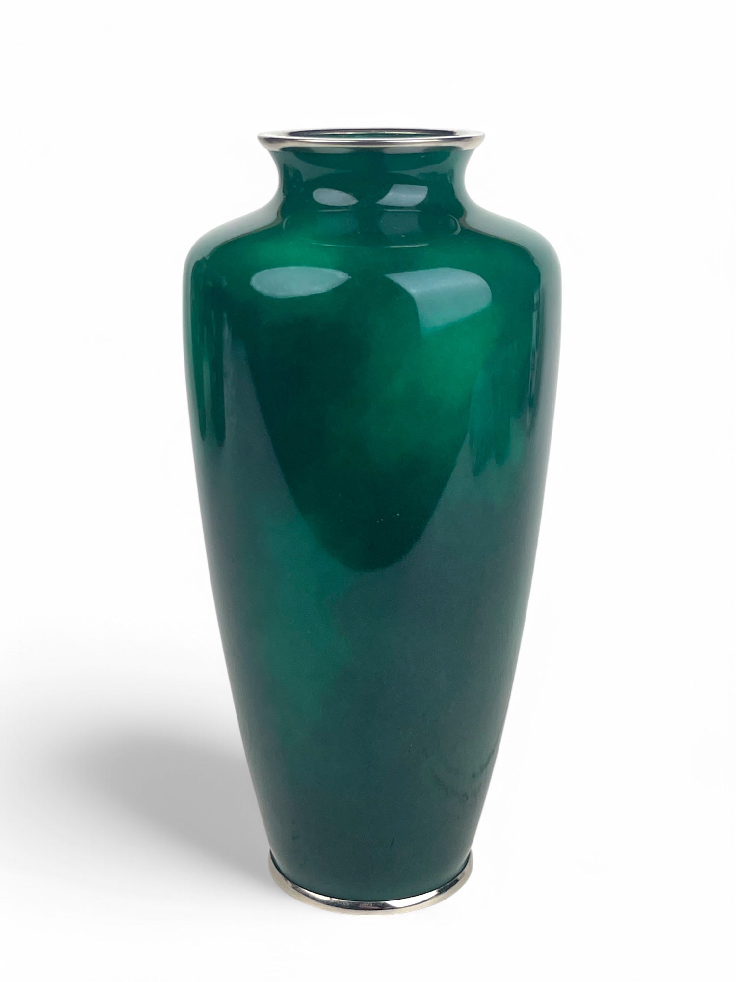 A Japanese Meiji Silver Mounted Green Cloud Enamel Vase