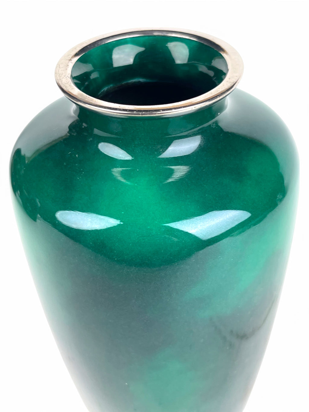 A Japanese Meiji Silver Mounted Green Cloud Enamel Vase