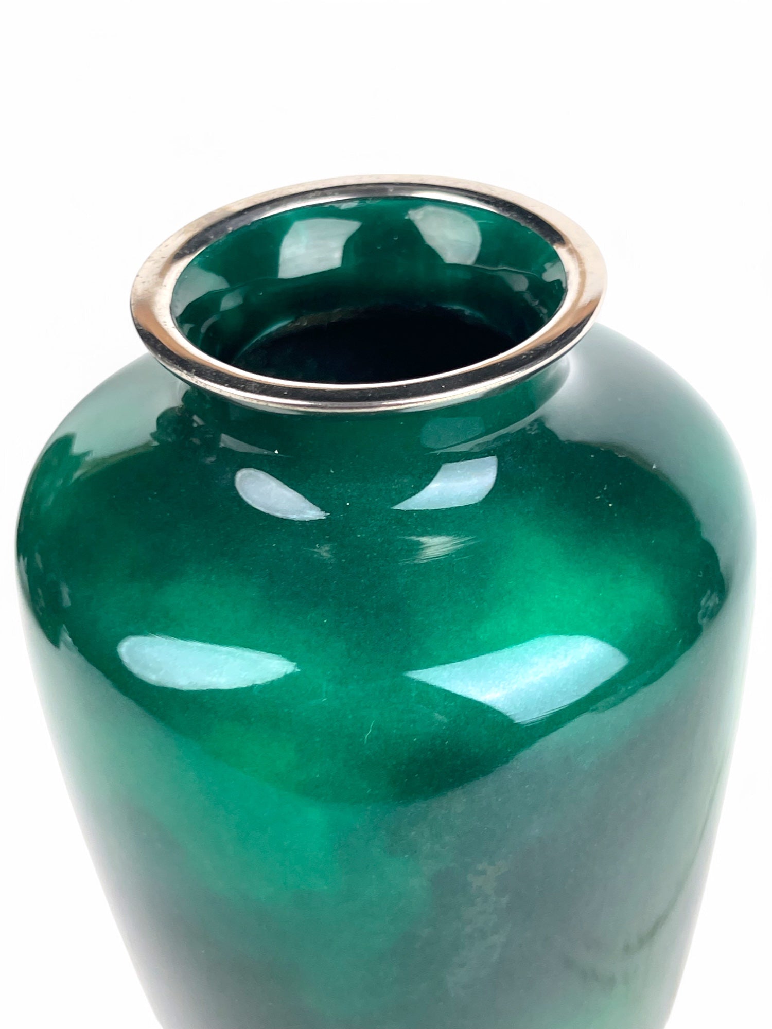 A Japanese Meiji Silver Mounted Green Cloud Enamel Vase