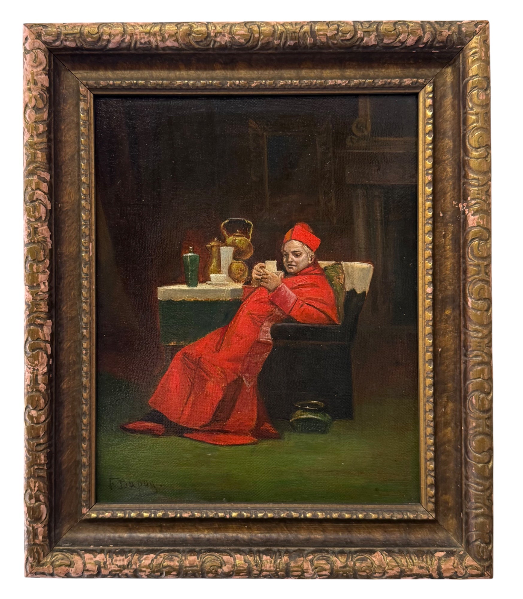 19th Century French Oil on Canvas Painting of a Cardinal’s Tea Time By F. Dupey