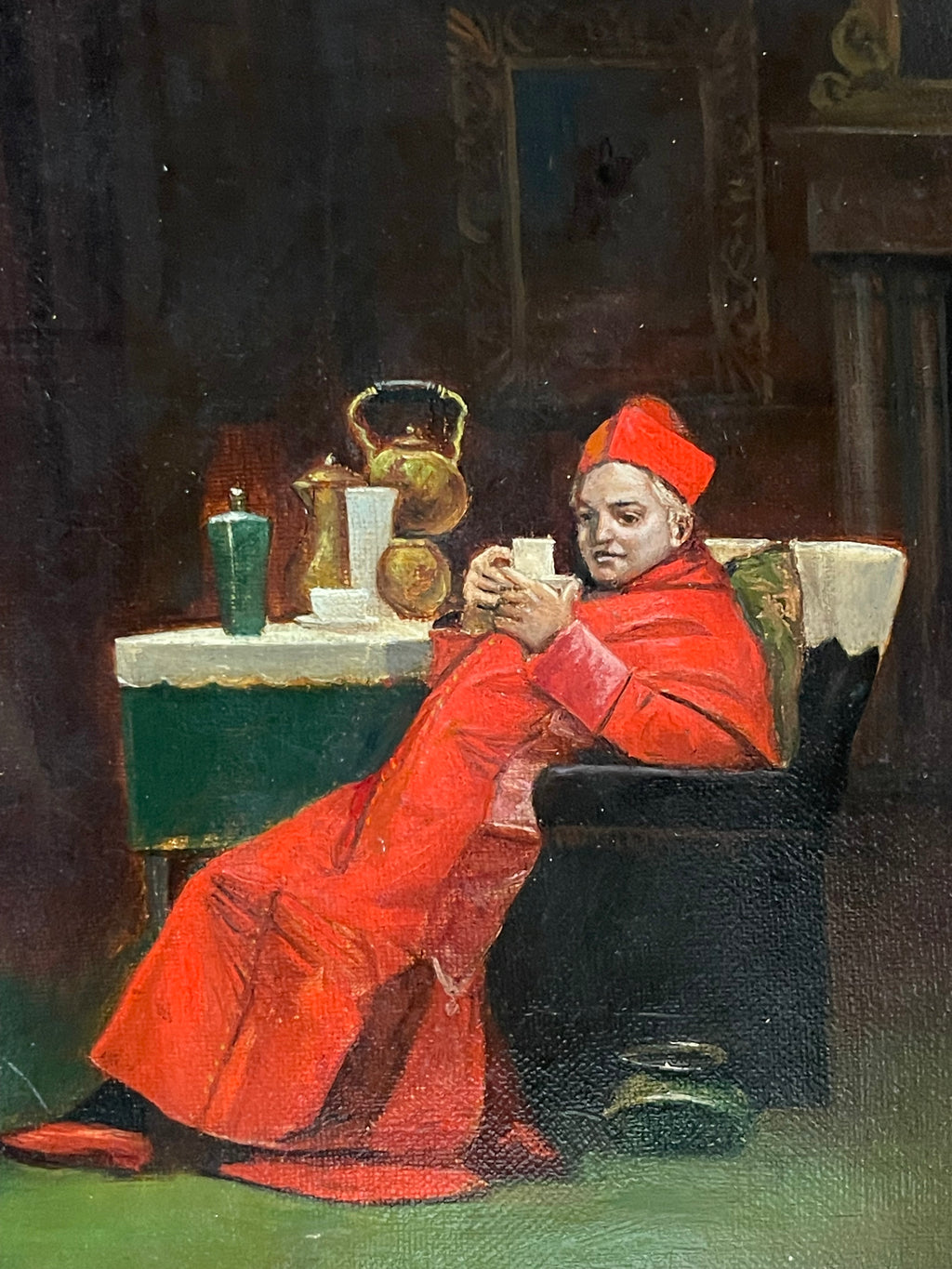 19th Century French Oil on Canvas Painting of a Cardinal’s Tea Time By F. Dupey