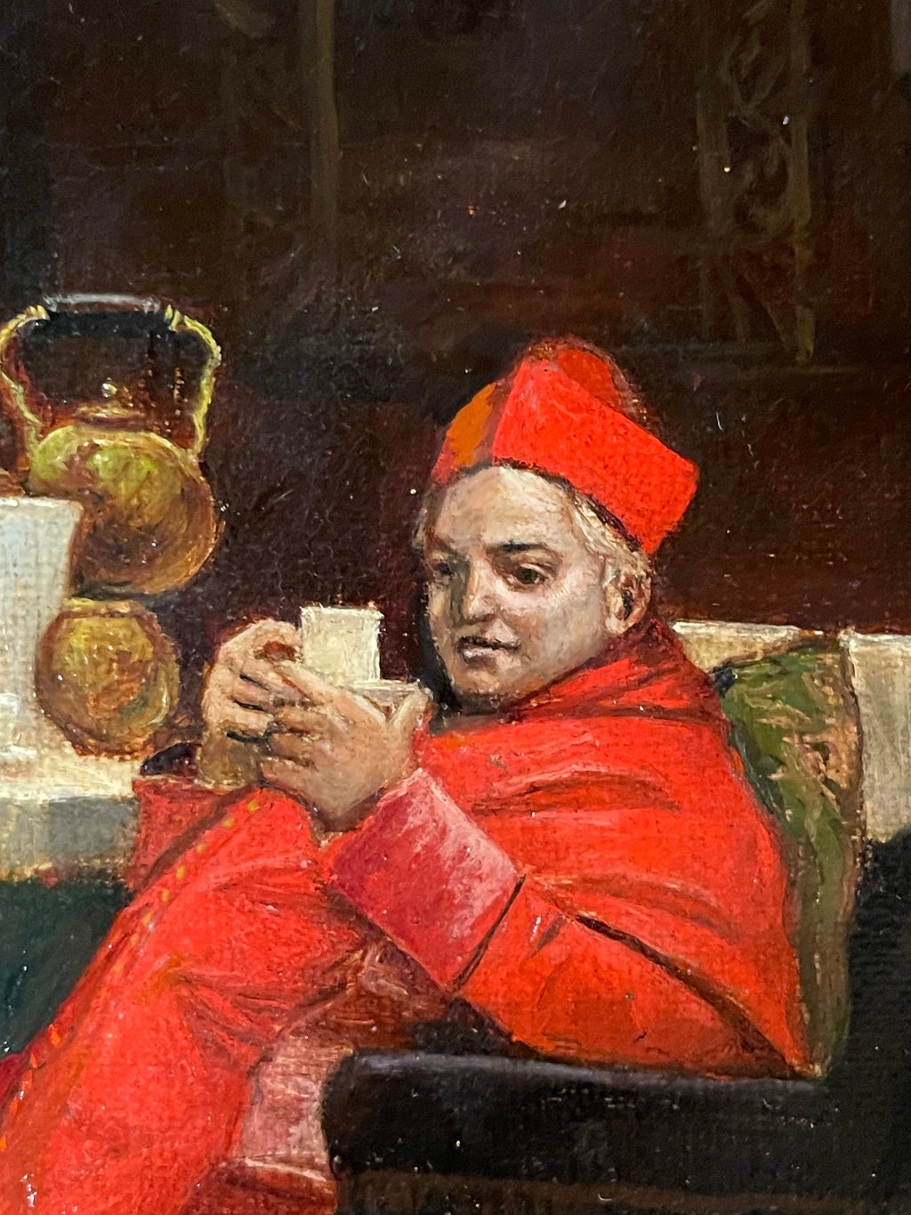 19th Century French Oil on Canvas Painting of a Cardinal’s Tea Time By F. Dupey