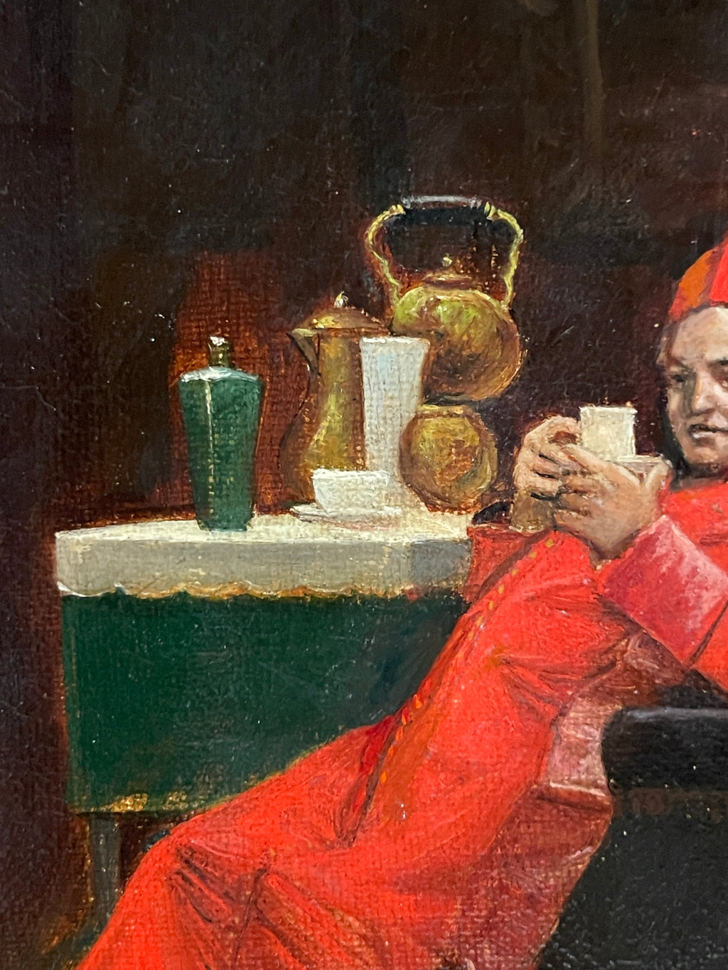 19th Century French Oil on Canvas Painting of a Cardinal’s Tea Time By F. Dupey